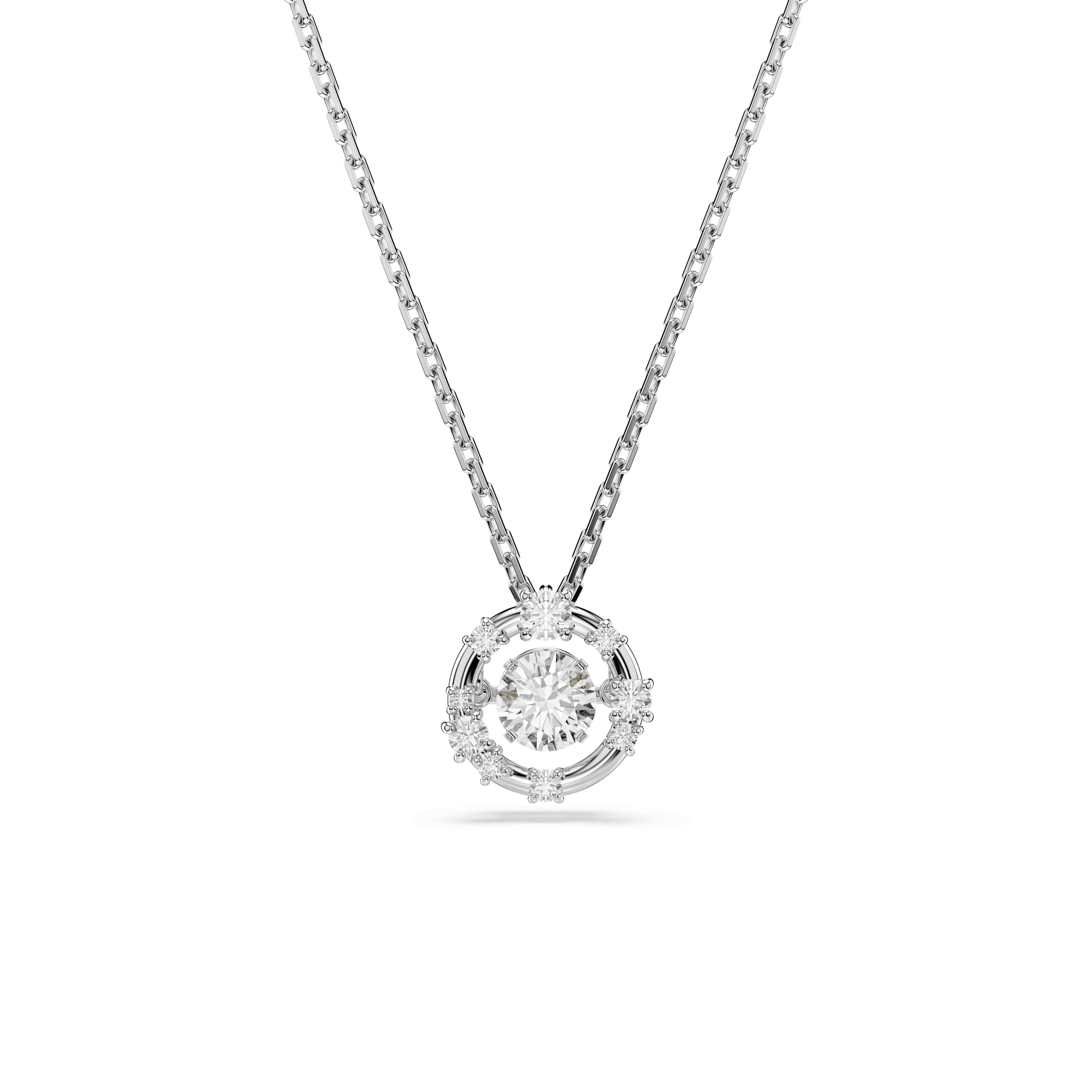 Constella pendant, Round cut, Dancing stone, White, Rhodium plated