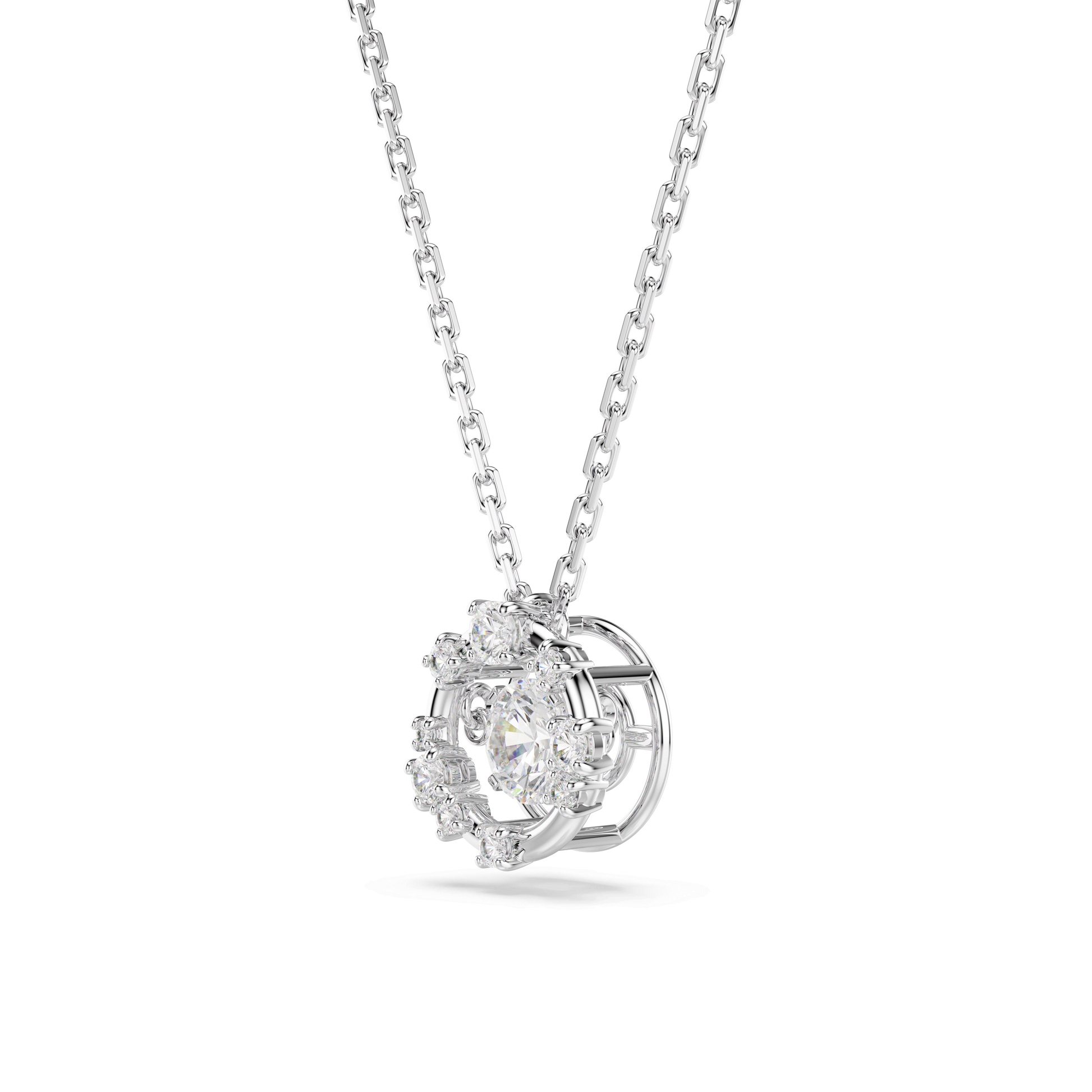 Constella pendant, Round cut, Dancing stone, White, Rhodium plated
