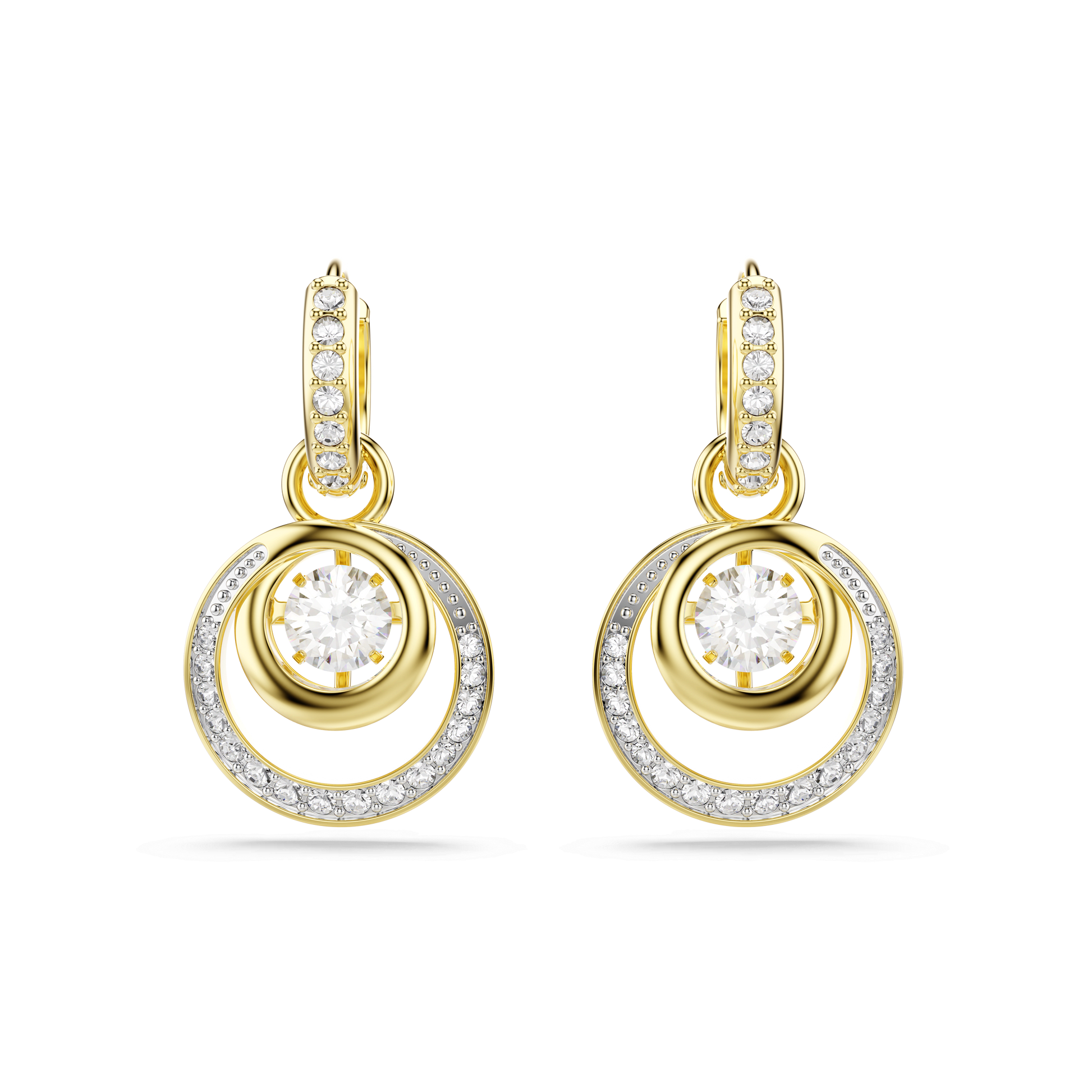 Hyperbola drop earrings, Round cut, White, 18K gold finish