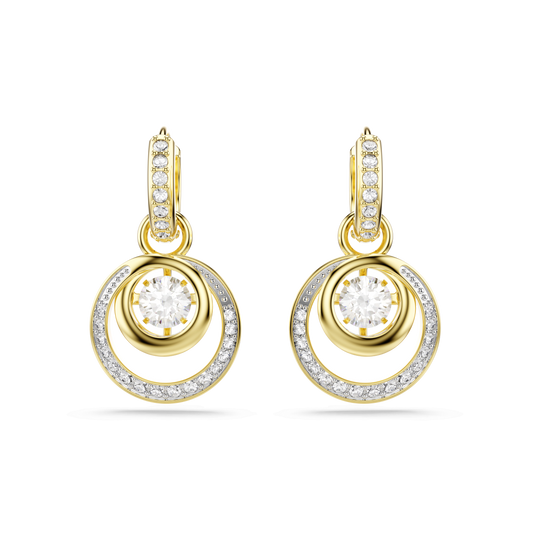 Hyperbola drop earrings, Round cut, White, 18K gold finish