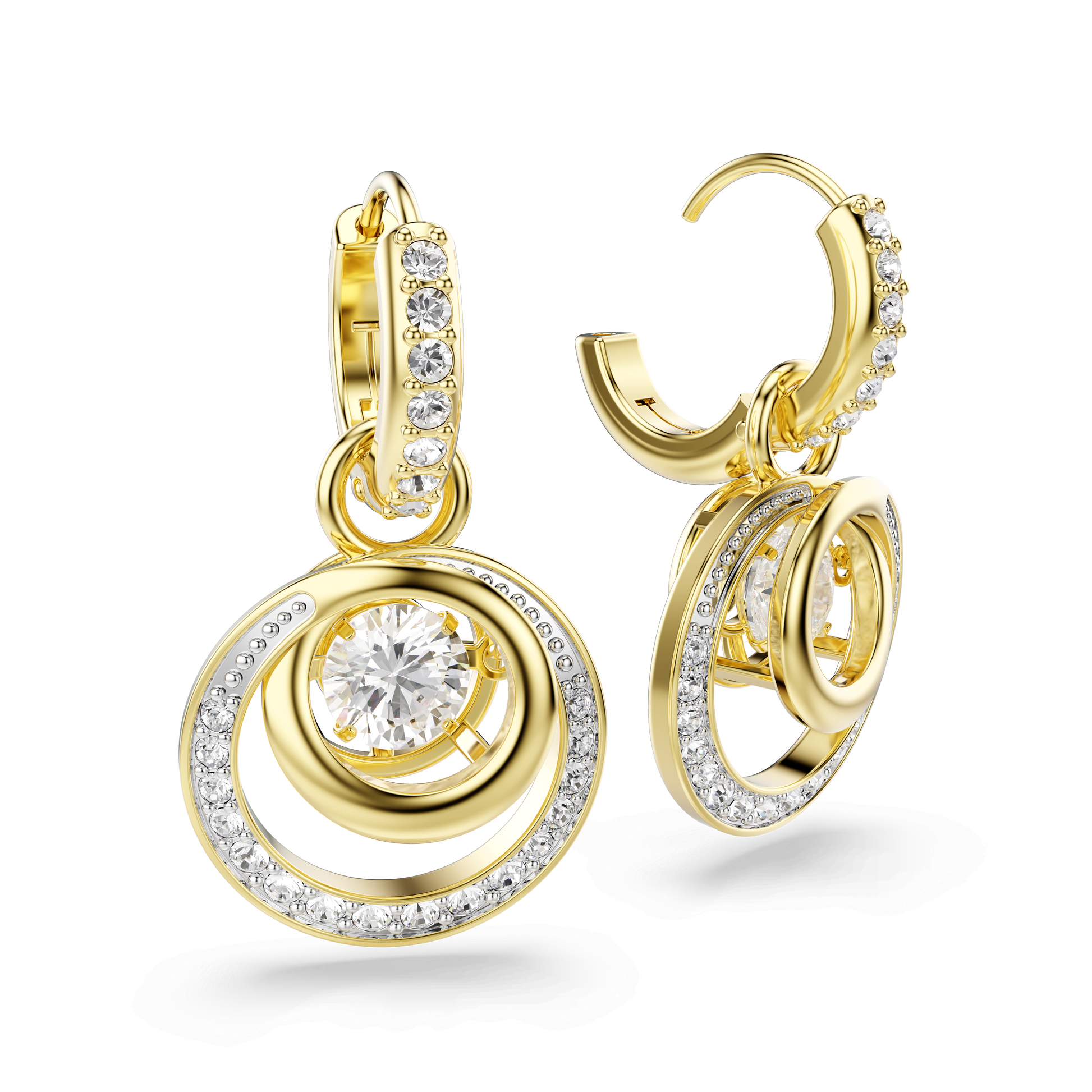 Hyperbola drop earrings, Round cut, White, 18K gold finish