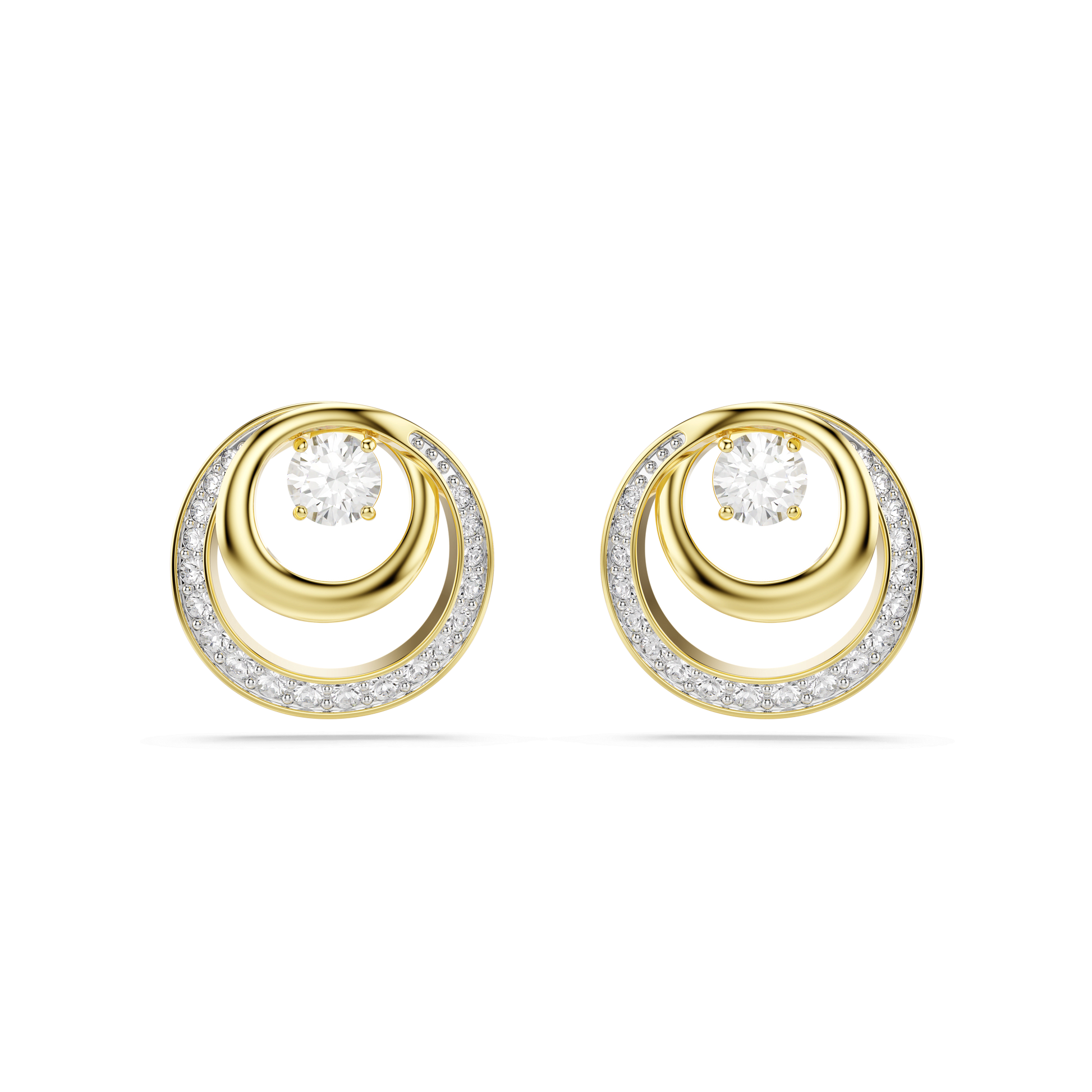Hyperbola stud earrings, Round cut, White, 18K gold finish