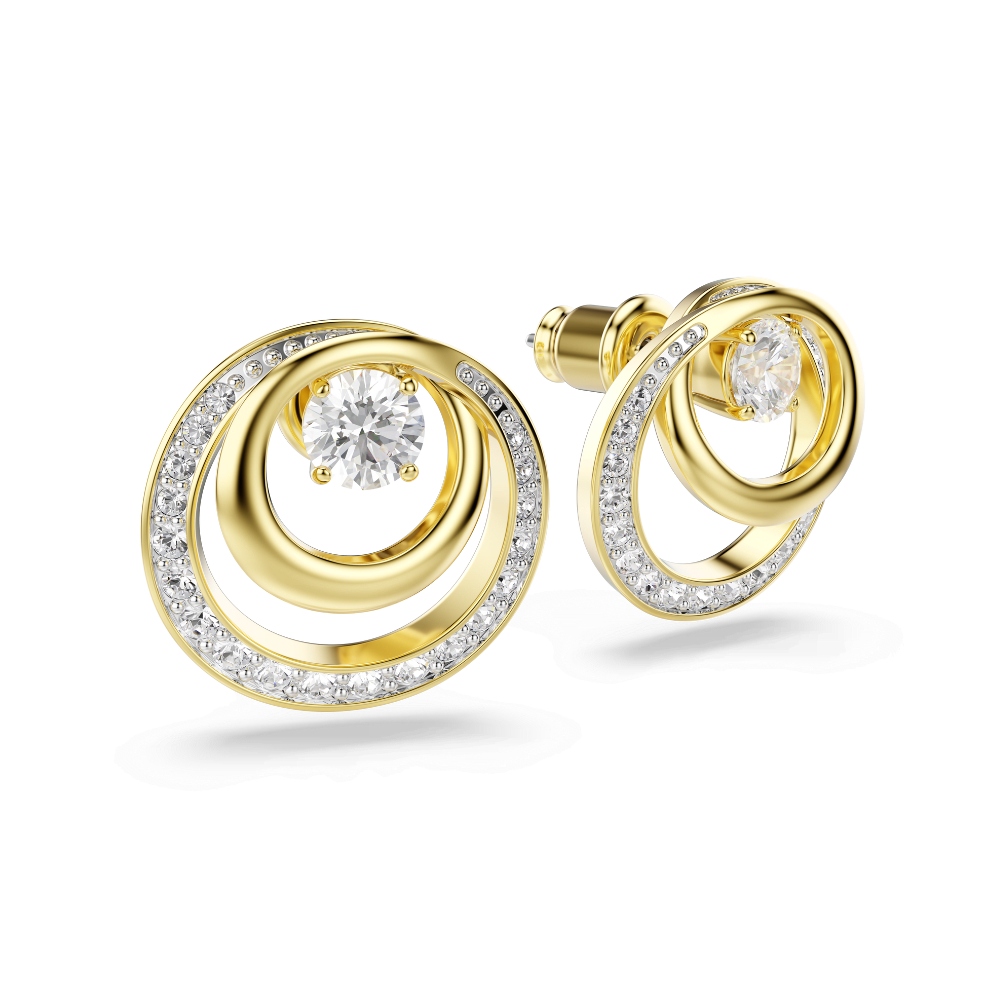 Hyperbola stud earrings, Round cut, White, 18K gold finish