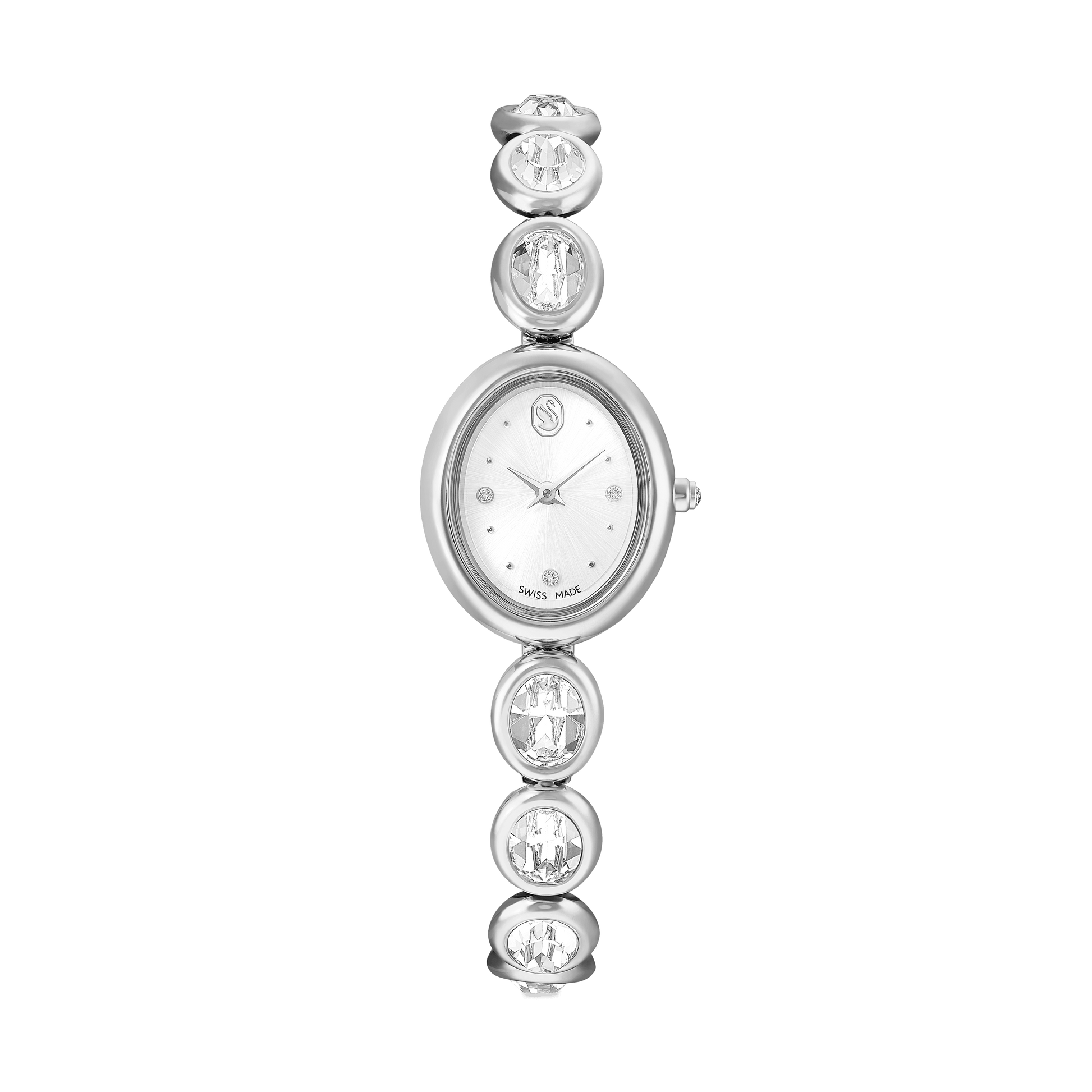 Imber oval watch, Swiss Made, Metal bracelet, Silver tone, Stainless steel