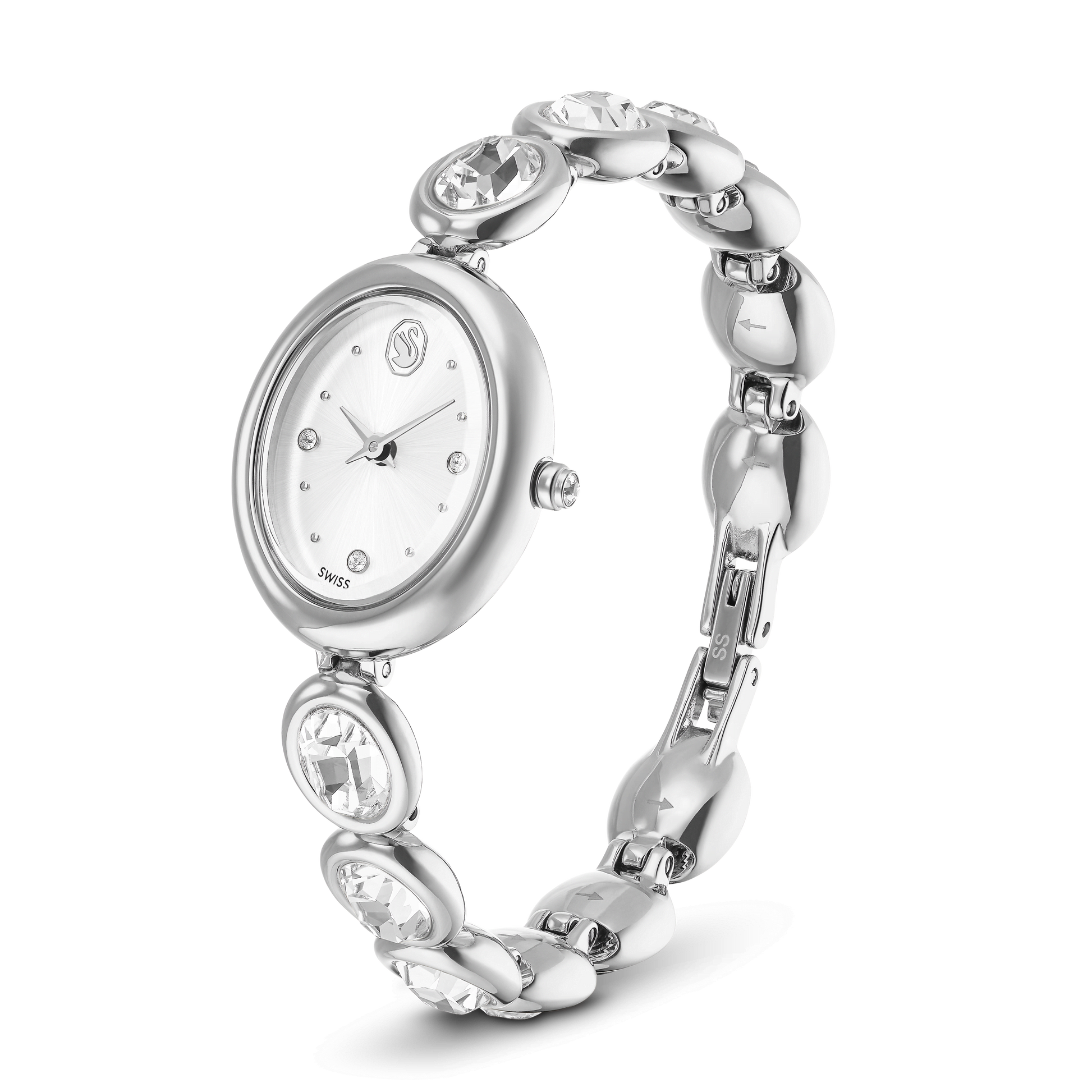 Imber oval watch, Swiss Made, Metal bracelet, Silver tone, Stainless steel