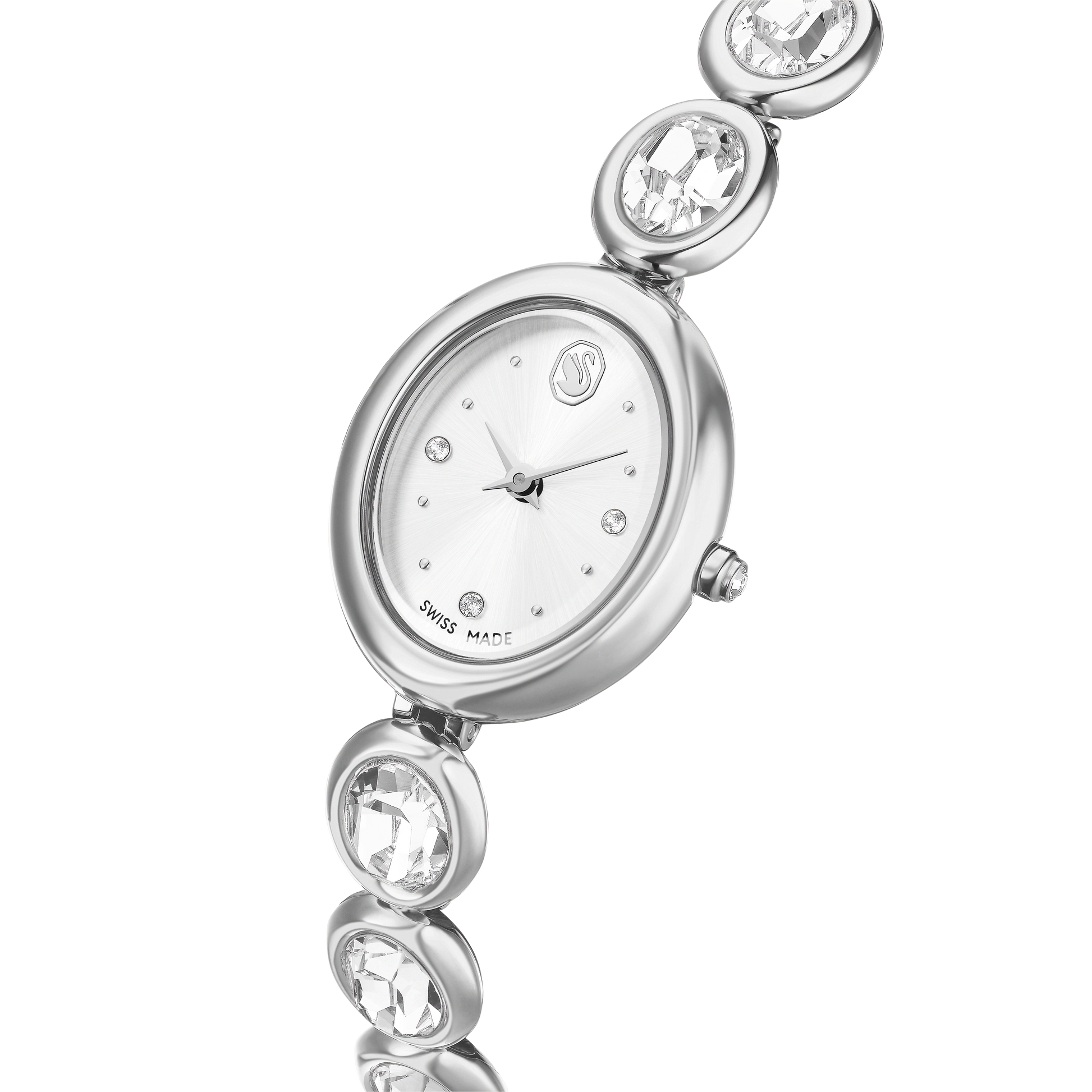 Imber oval watch, Swiss Made, Metal bracelet, Silver tone, Stainless steel
