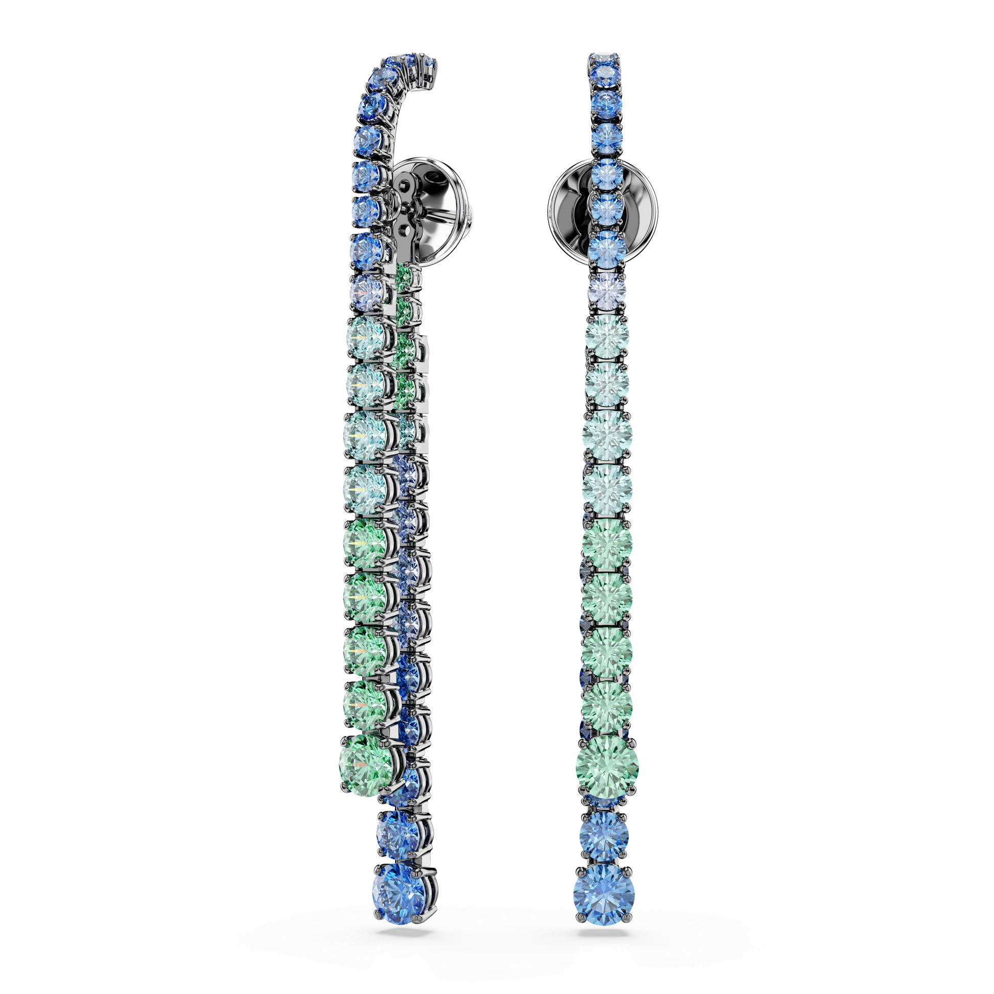 Matrix drop earrings, Gradient of round cuts, Multicolored, Ruthenium plated