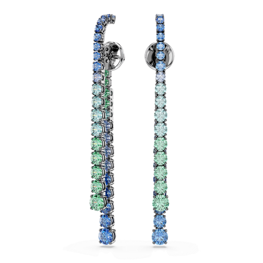 Matrix drop earrings, Gradient of round cuts, Multicolored, Ruthenium plated