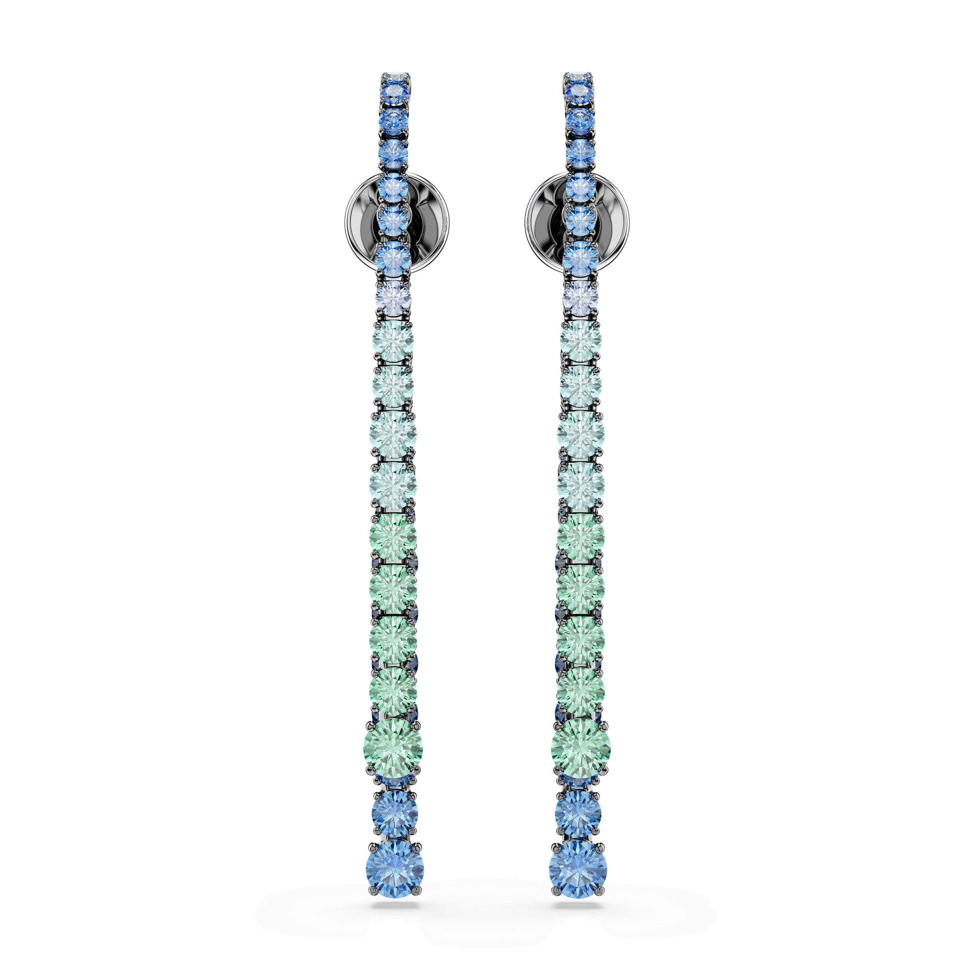 Matrix drop earrings, Gradient of round cuts, Multicolored, Ruthenium plated
