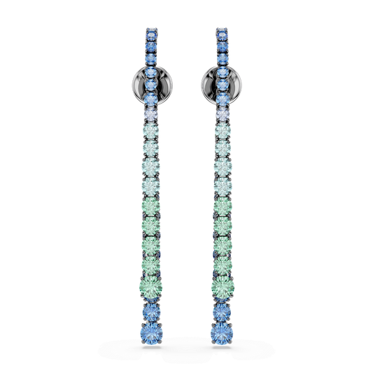 Matrix drop earrings, Gradient of round cuts, Multicolored, Ruthenium plated