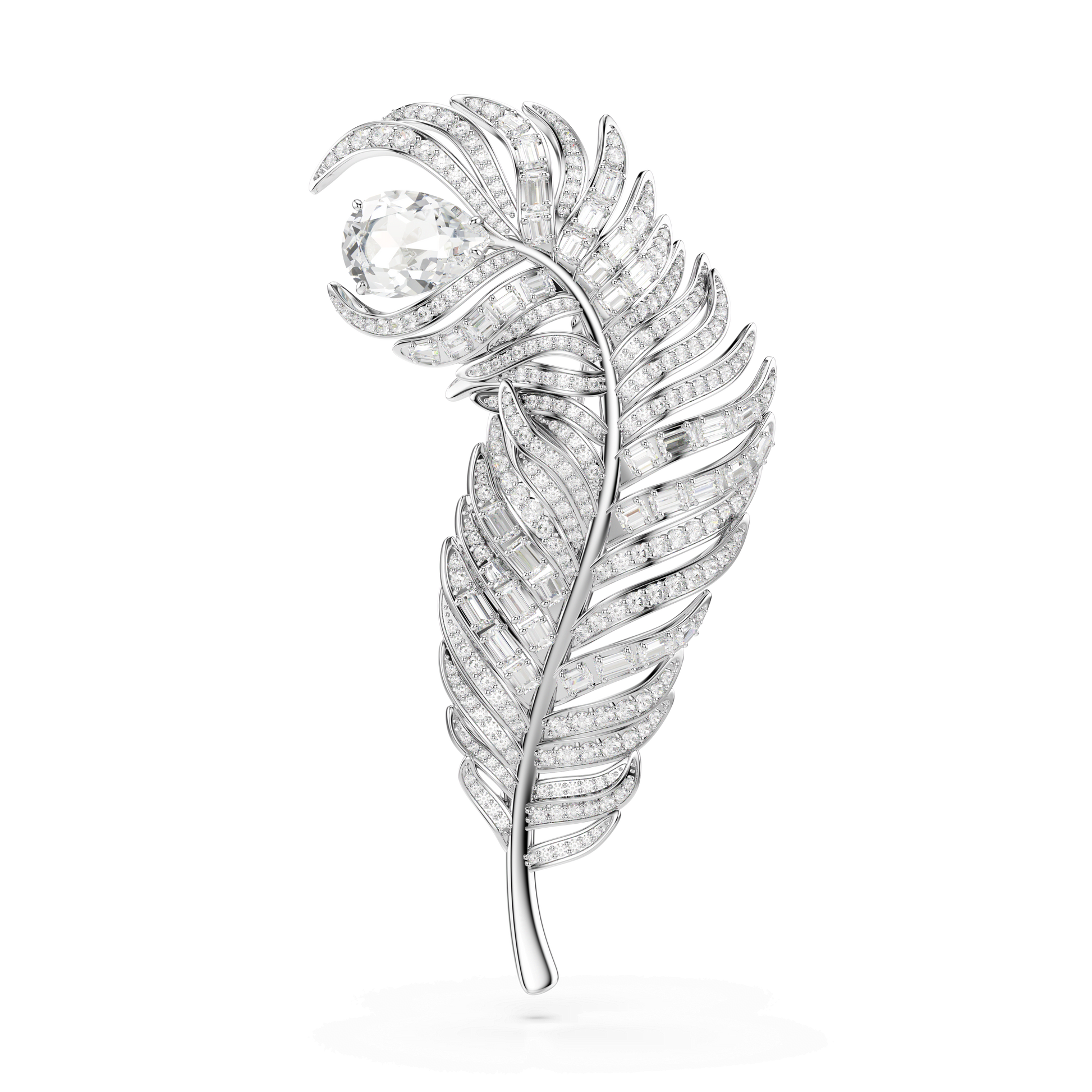 Vienna brooch, Mixed cuts, Feather, White, Rhodium plated