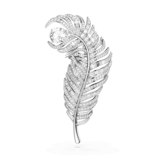 Vienna brooch, Mixed cuts, Feather, White, Rhodium plated