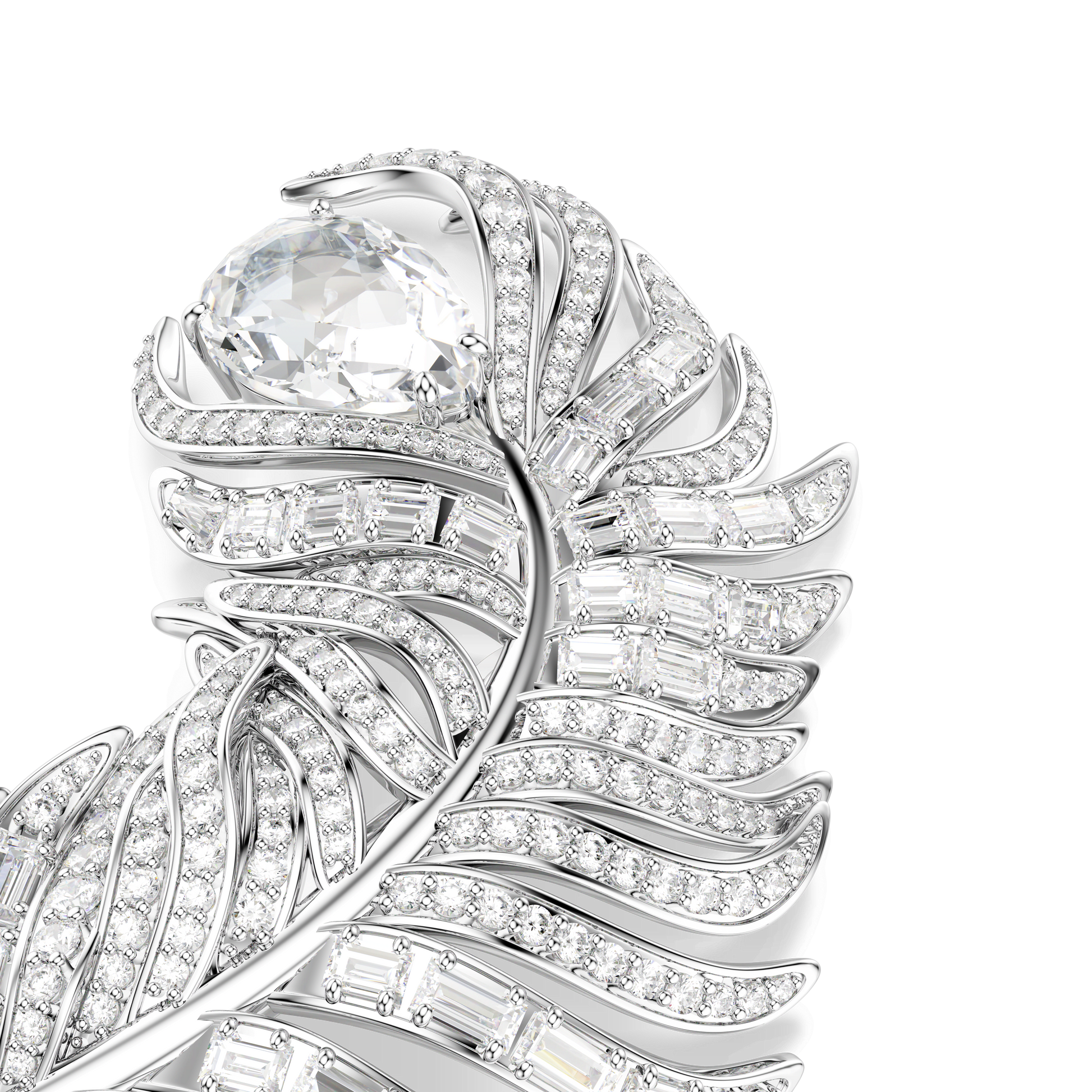 Vienna brooch, Mixed cuts, Feather, White, Rhodium plated