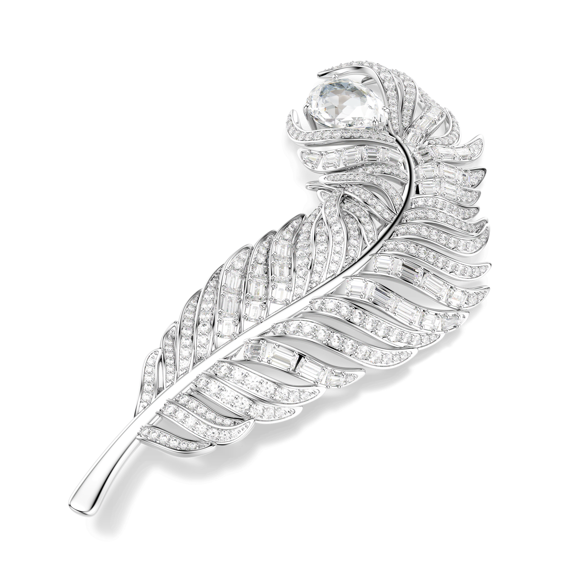 Vienna brooch, Mixed cuts, Feather, White, Rhodium plated