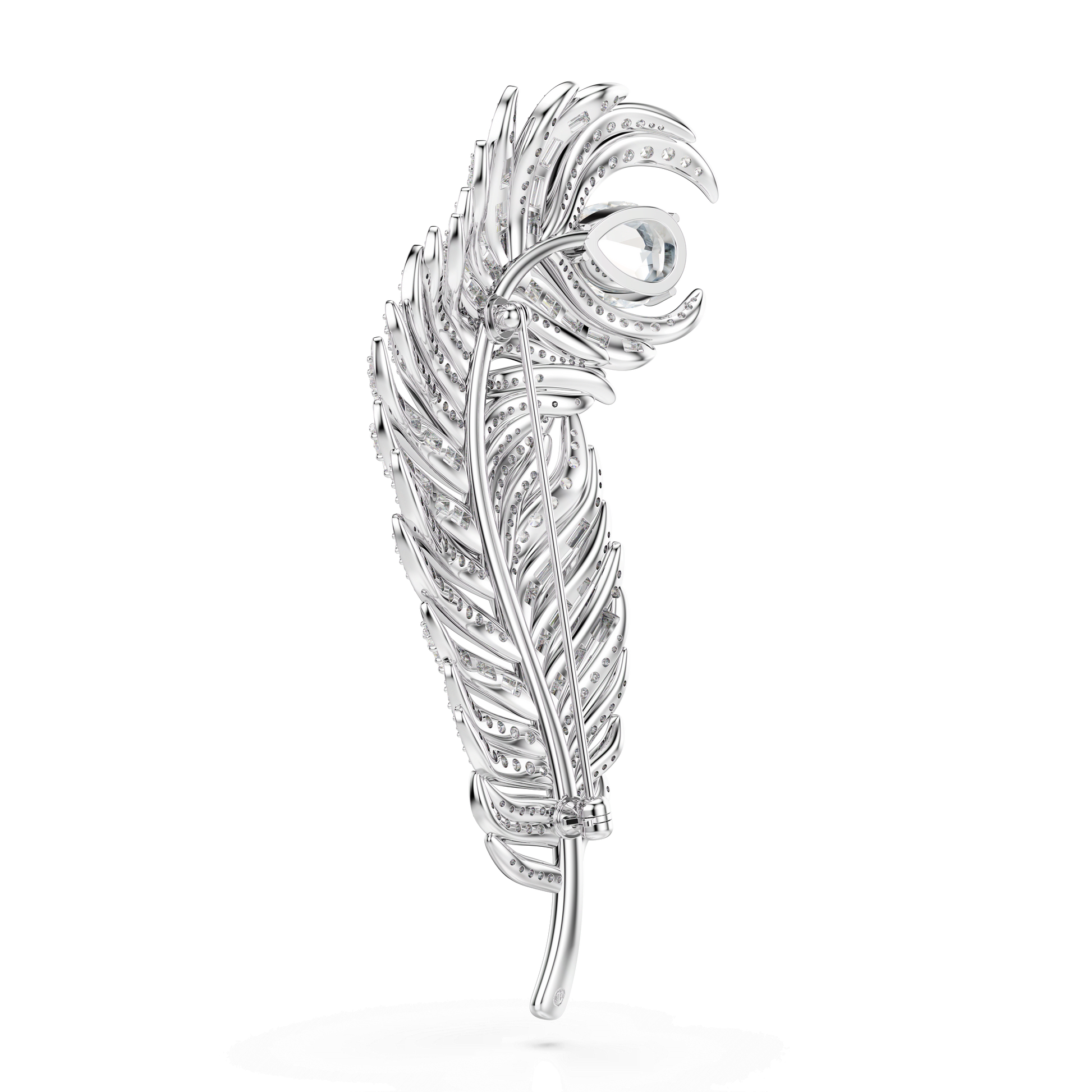 Vienna brooch, Mixed cuts, Feather, White, Rhodium plated