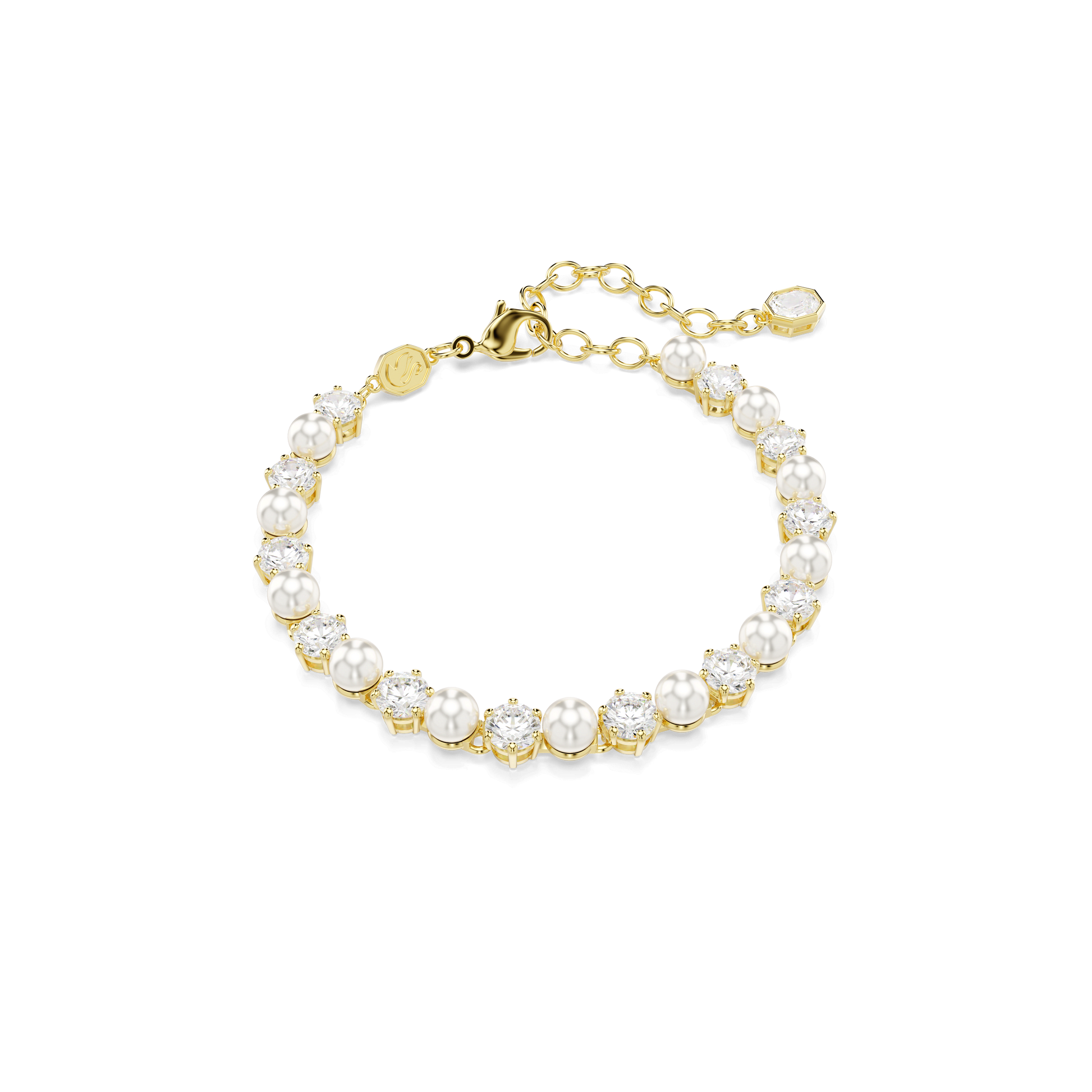 Matrix Tennis bracelet, Crystal pearl, Round cut, White, 18K gold finish