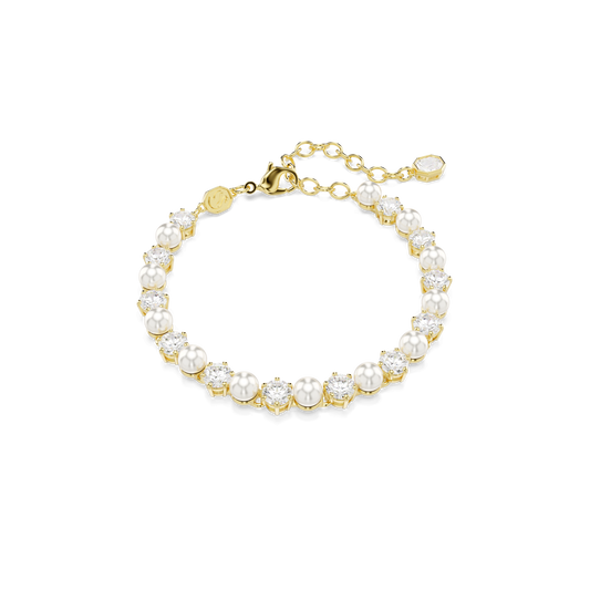 Matrix Tennis bracelet, Crystal pearl, Round cut, White, 18K gold finish
