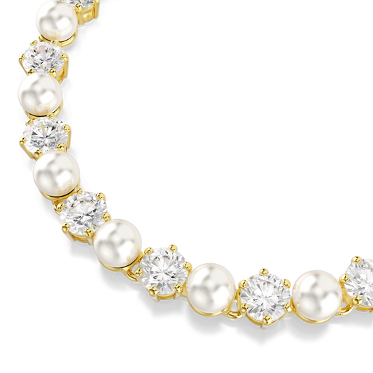 Matrix Tennis bracelet, Crystal pearl, Round cut, White, 18K gold finish