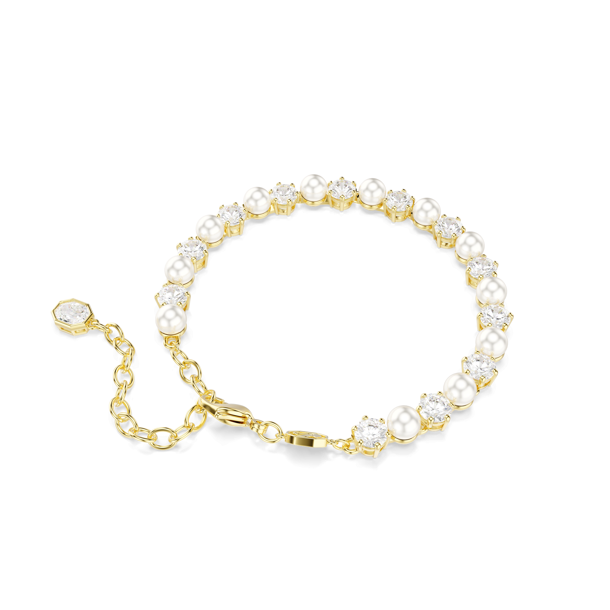 Matrix Tennis bracelet, Crystal pearl, Round cut, White, 18K gold finish
