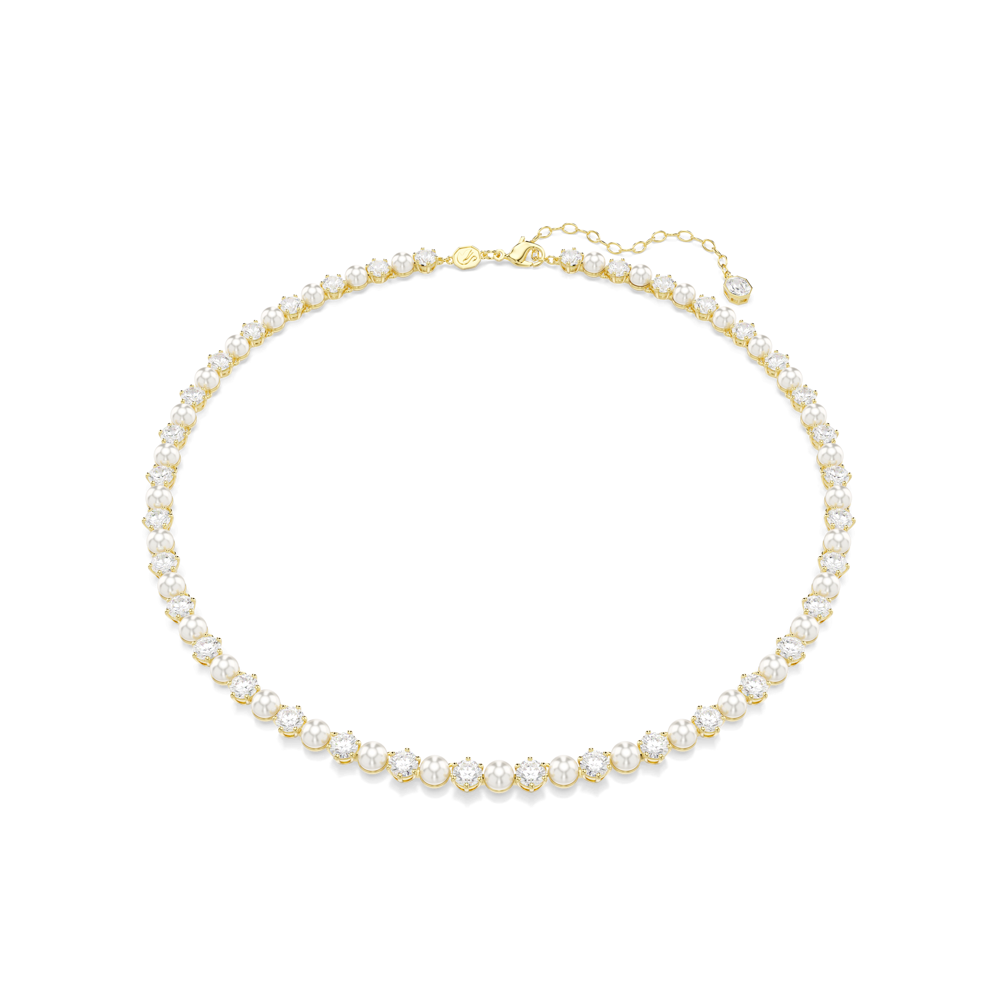 Matrix Tennis necklace, Crystal pearl, Round cut, White, 18K gold finish