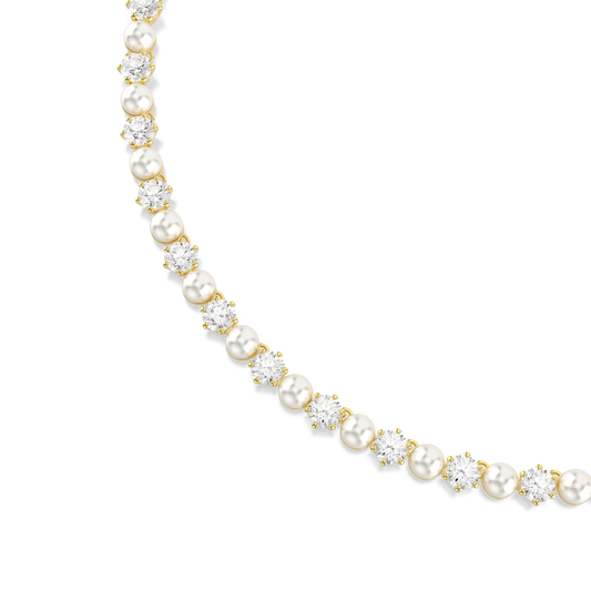 Matrix Tennis necklace, Crystal pearl, Round cut, White, 18K gold finish