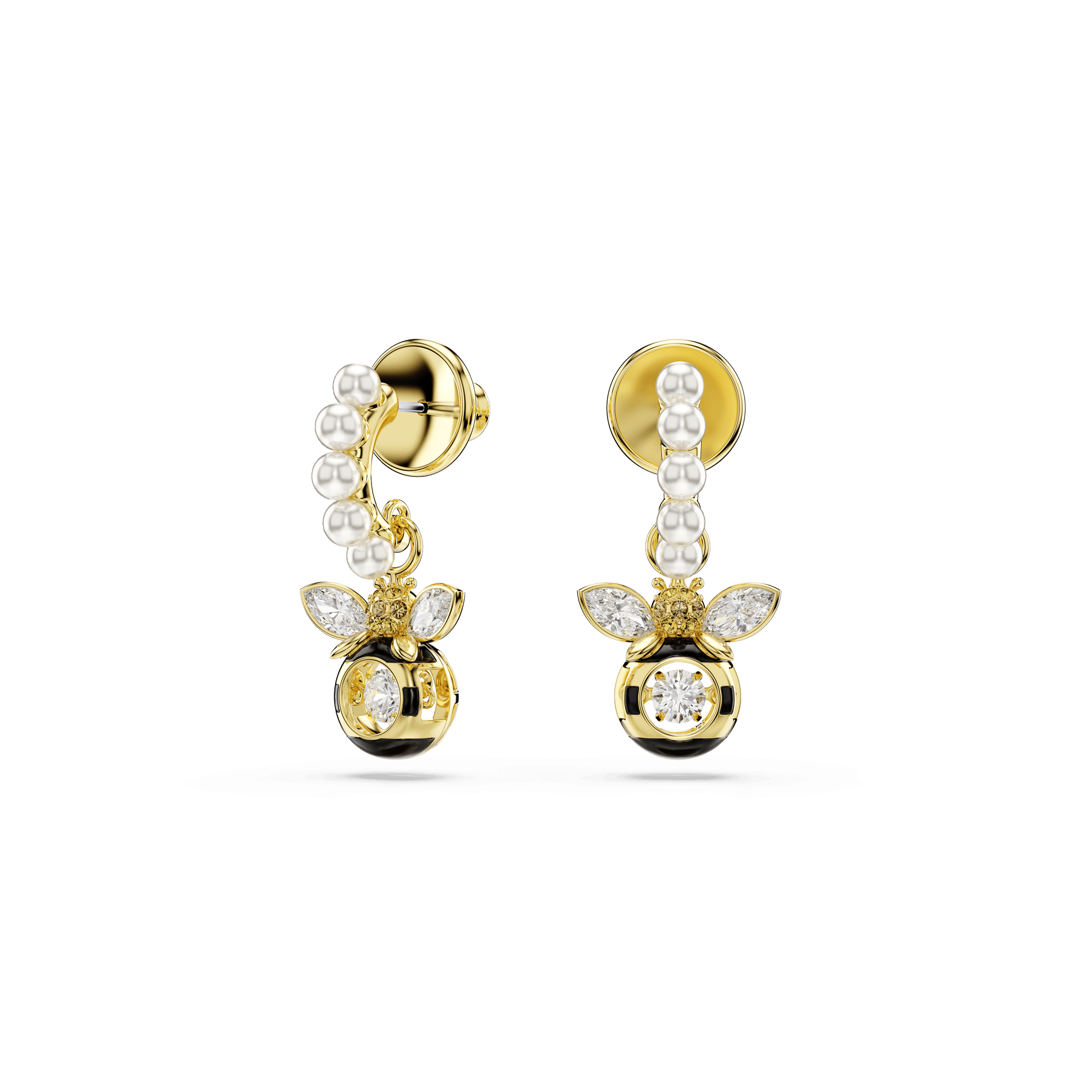 Idyllia drop earrings, Crystal pearl, Mixed cuts, Bee, Multicolored, 18K gold finish