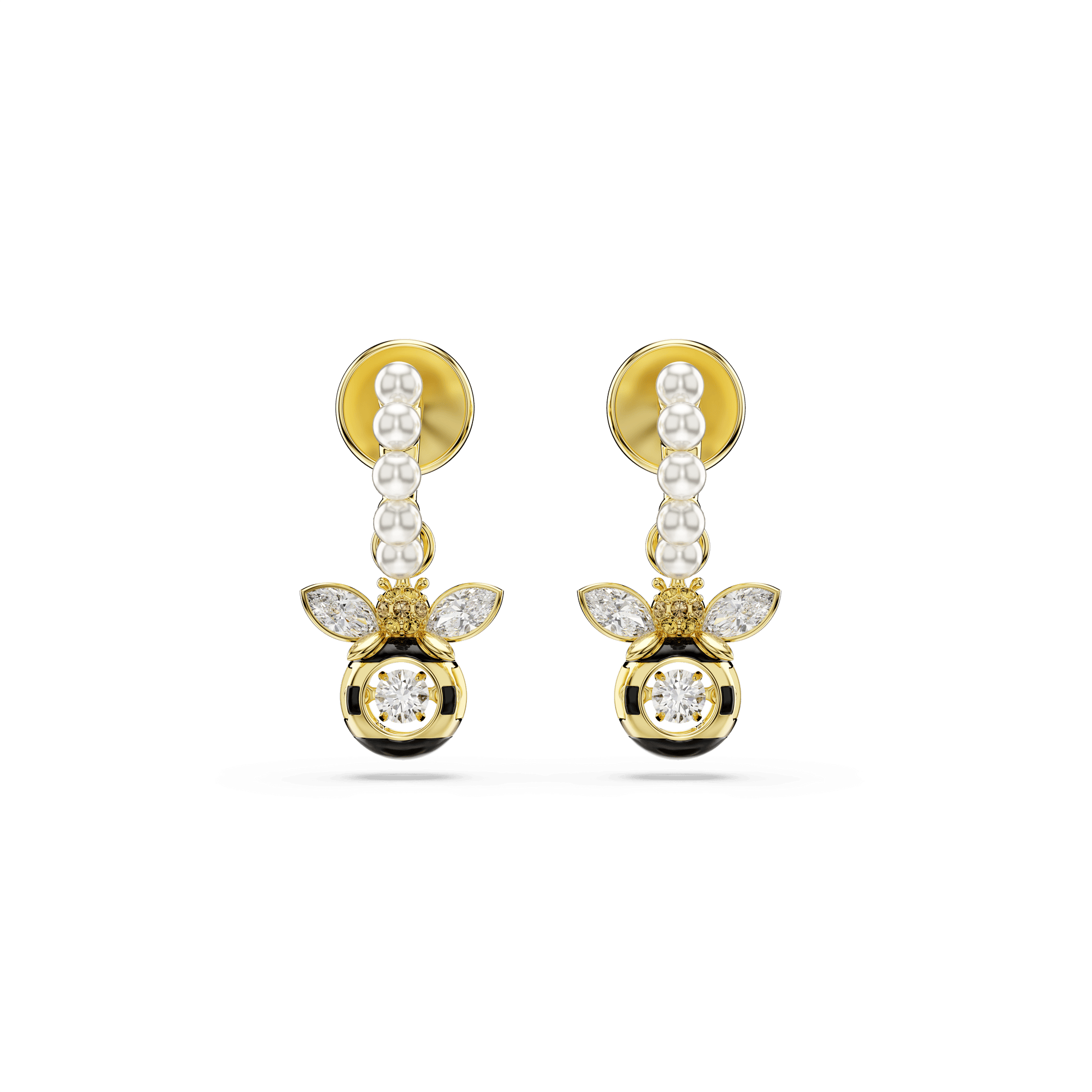 Idyllia drop earrings, Crystal pearl, Mixed cuts, Bee, Multicolored, 18K gold finish
