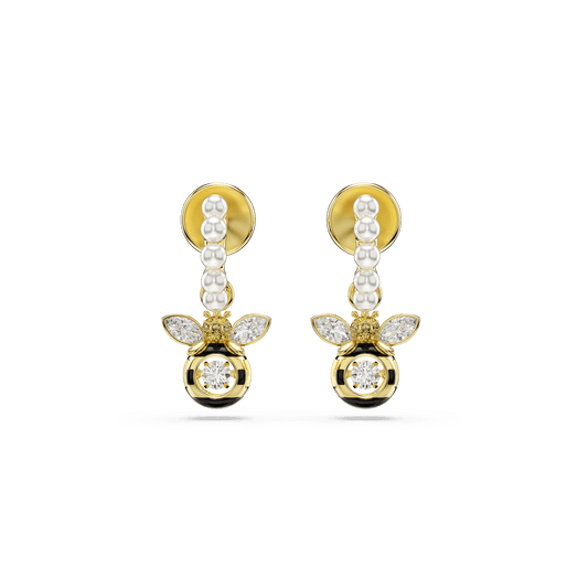 Idyllia drop earrings, Crystal pearl, Mixed cuts, Bee, Multicolored, 18K gold finish