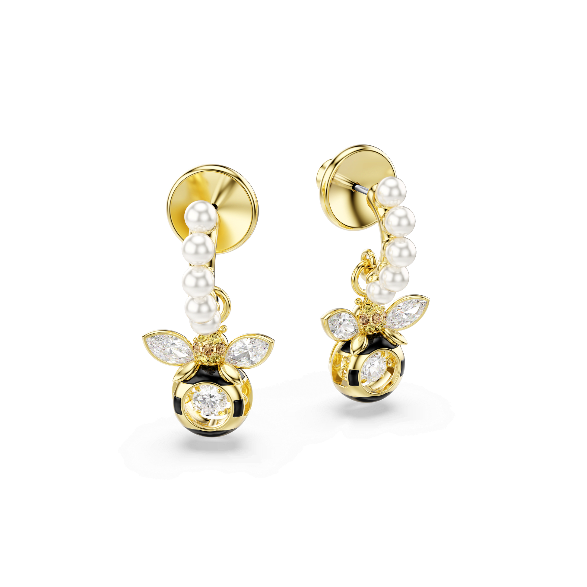 Idyllia drop earrings, Crystal pearl, Mixed cuts, Bee, Multicolored, 18K gold finish