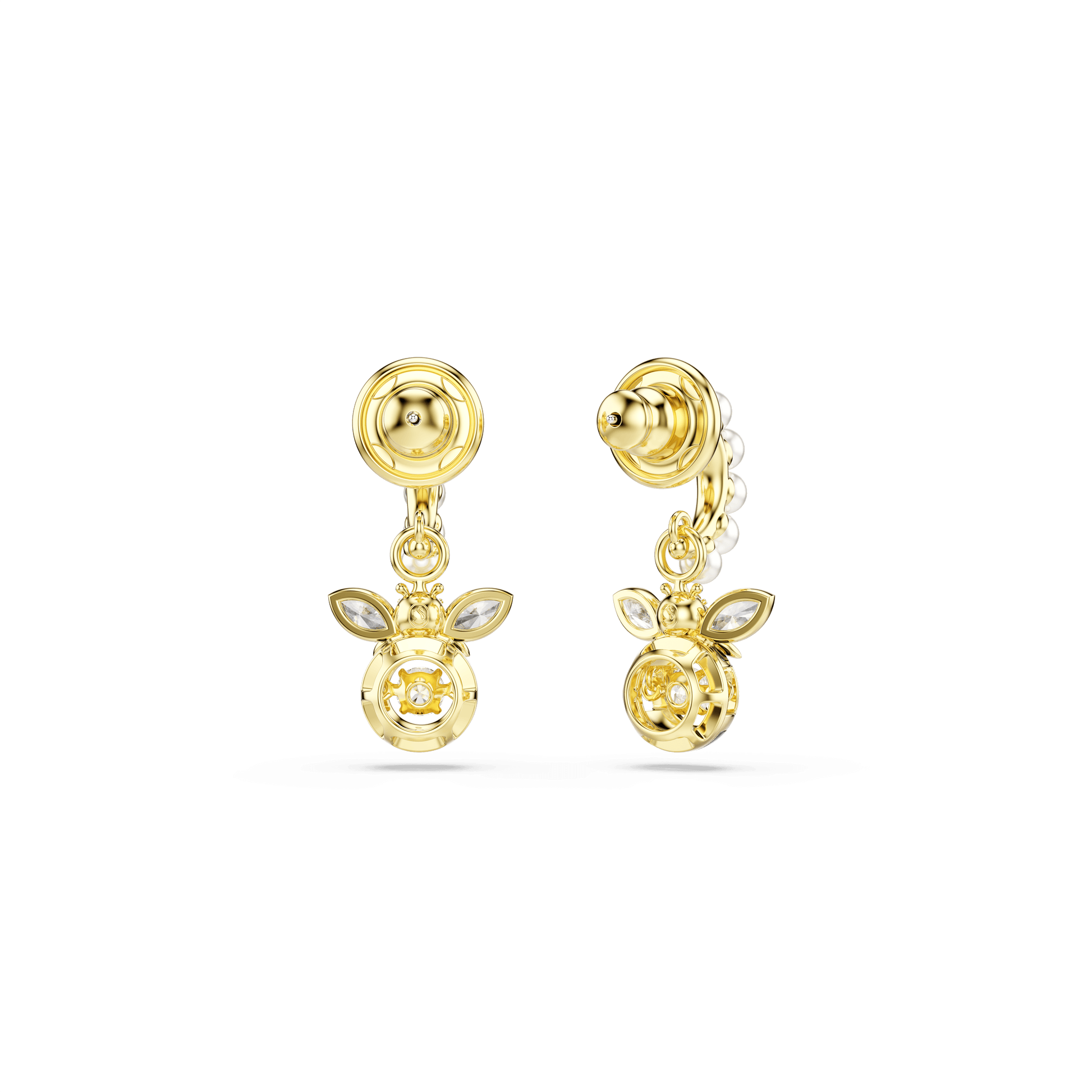 Idyllia drop earrings, Crystal pearl, Mixed cuts, Bee, Multicolored, 18K gold finish