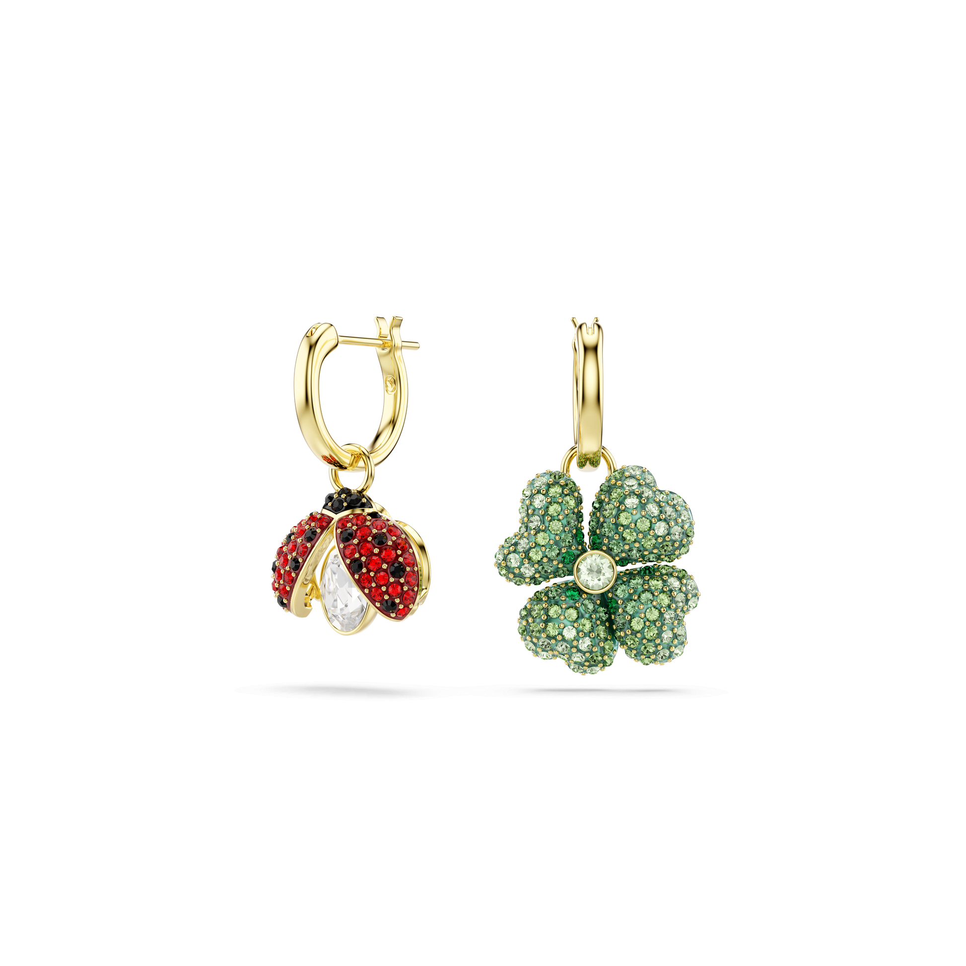 Idyllia drop earrings, Set (3), Ladybug, Clover, Strawberry, Multicolored, 18K gold finish