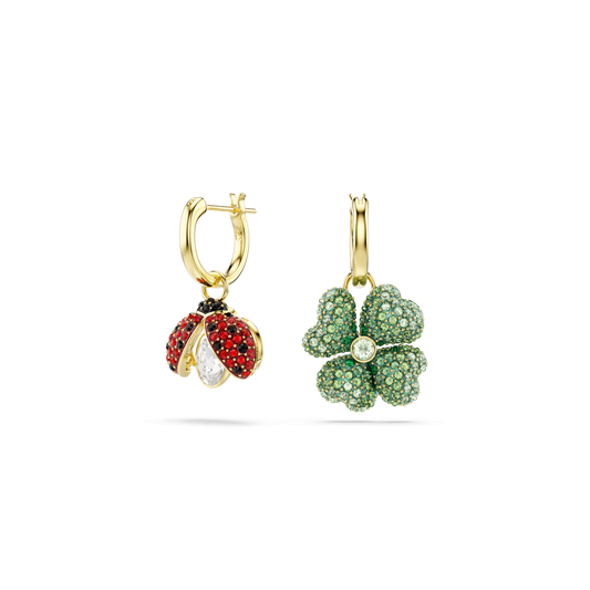 Idyllia drop earrings, Set (3), Ladybug, Clover, Strawberry, Multicolored, 18K gold finish