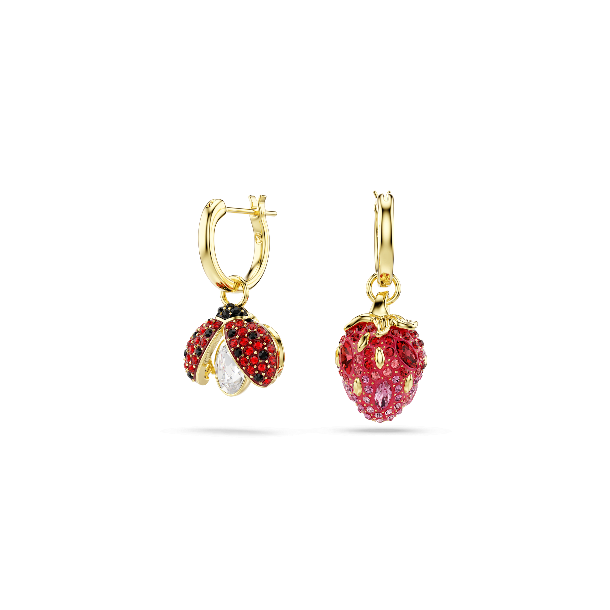 Idyllia drop earrings, Set (3), Ladybug, Clover, Strawberry, Multicolored, 18K gold finish