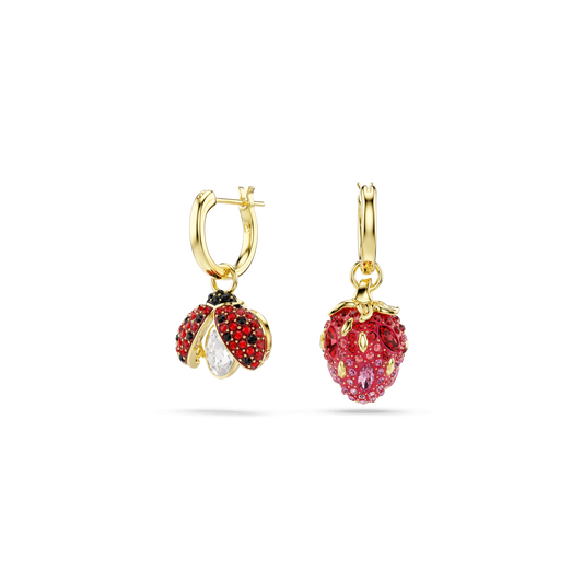 Idyllia drop earrings, Set (3), Ladybug, Clover, Strawberry, Multicolored, 18K gold finish