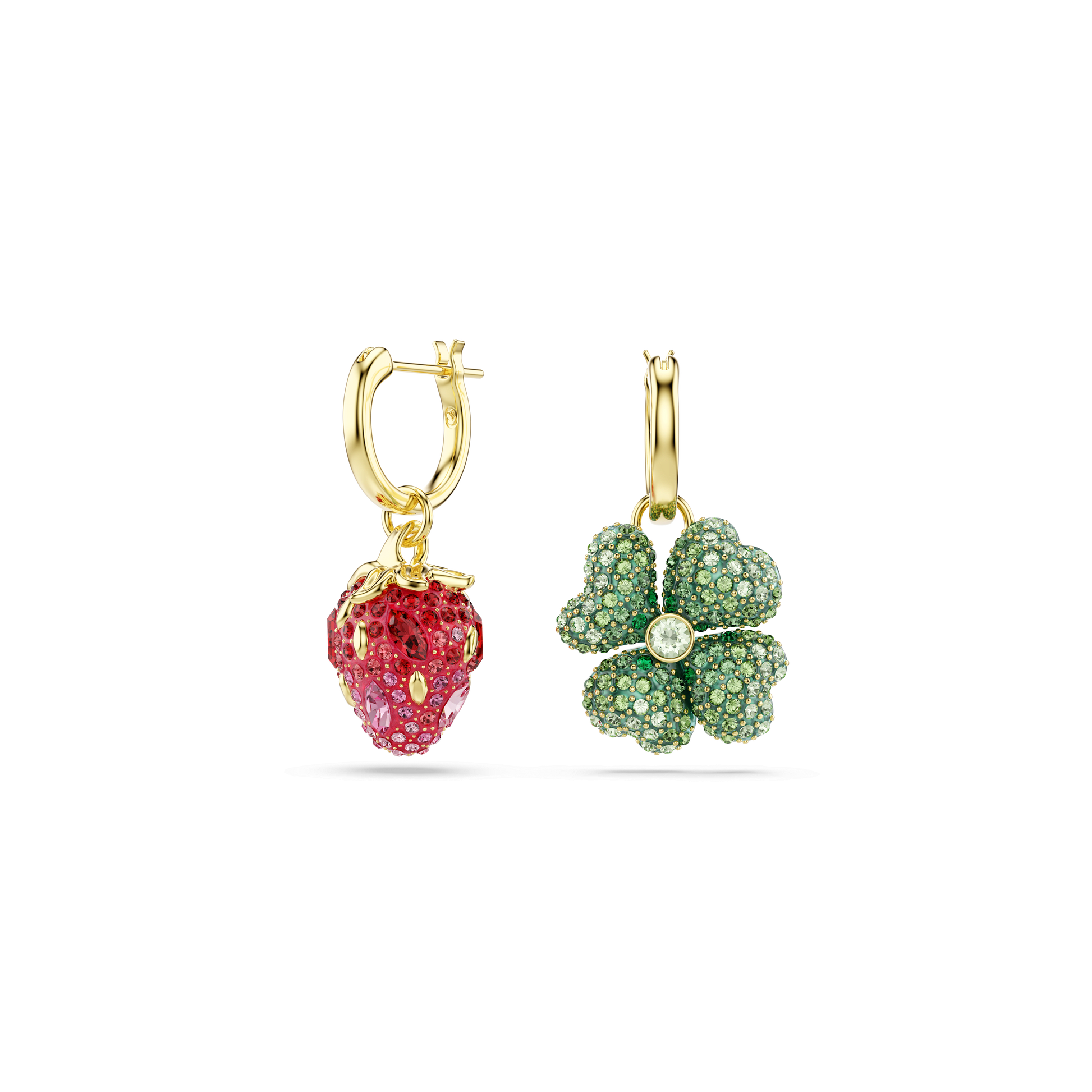 Idyllia drop earrings, Set (3), Ladybug, Clover, Strawberry, Multicolored, 18K gold finish