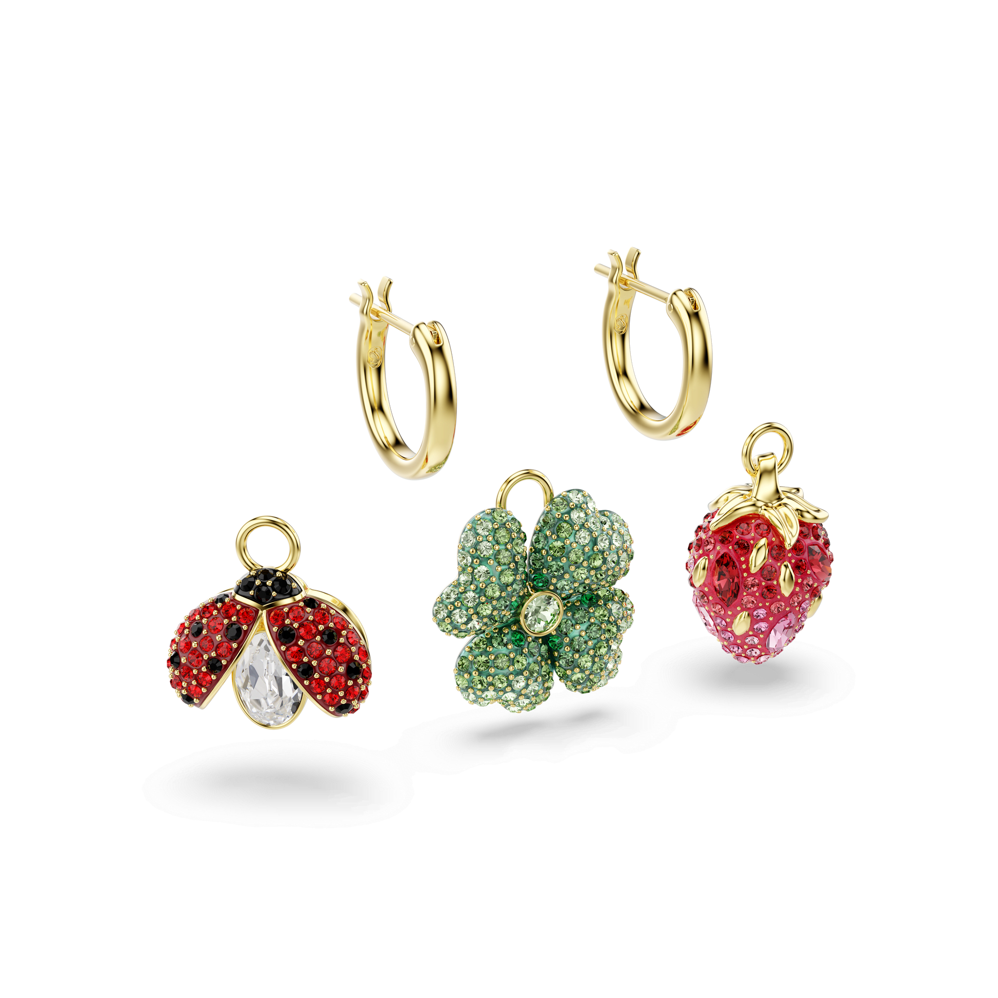 Idyllia drop earrings, Set (3), Ladybug, Clover, Strawberry, Multicolored, 18K gold finish