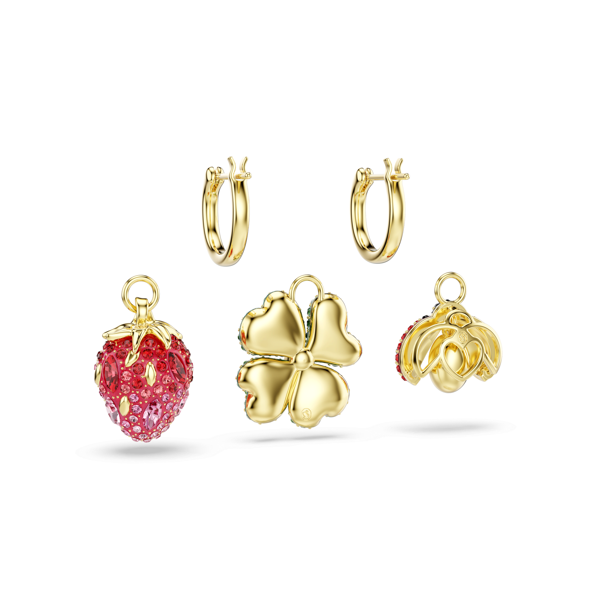 Idyllia drop earrings, Set (3), Ladybug, Clover, Strawberry, Multicolored, 18K gold finish