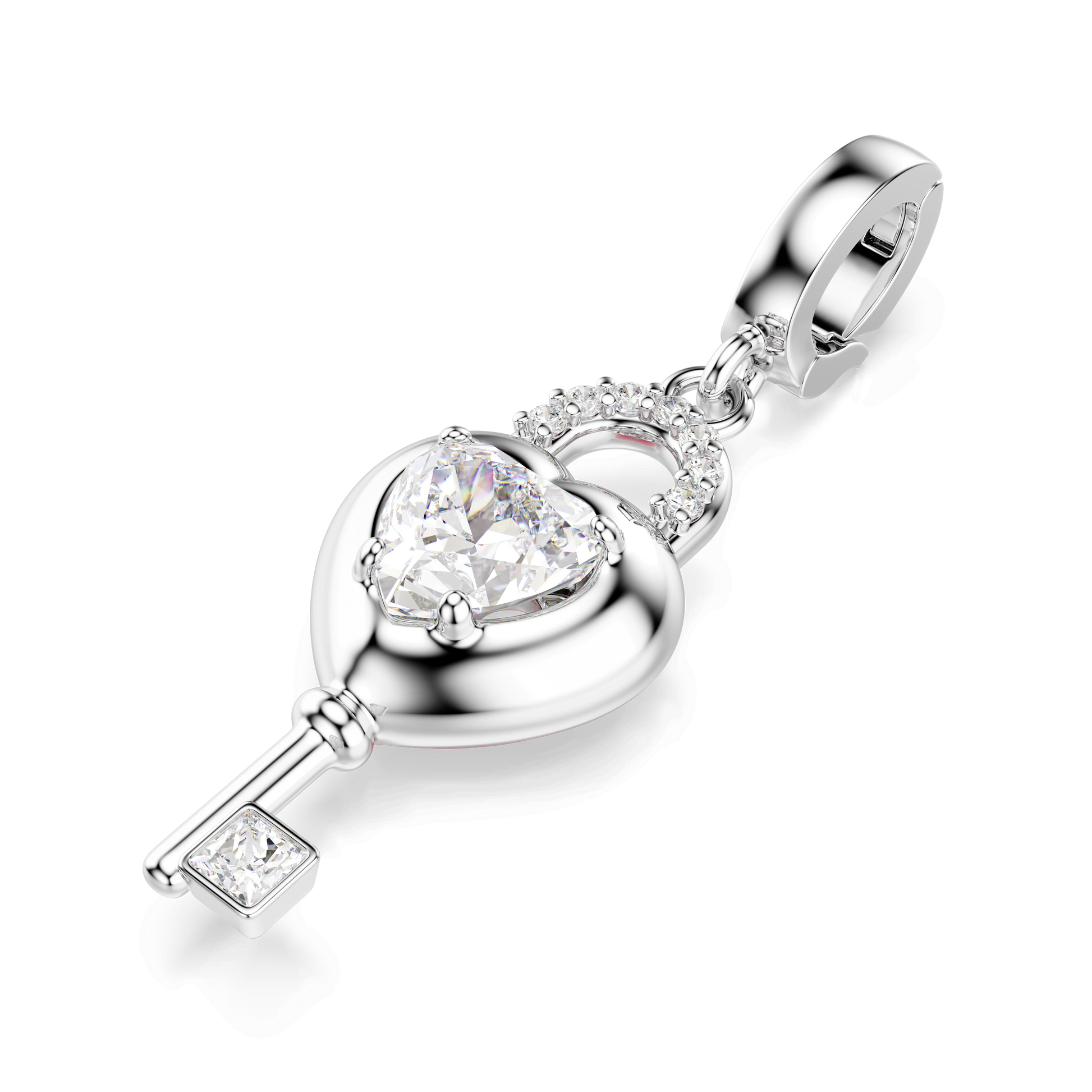 Idyllia charm, Mixed cuts, Heart with key, White, Rhodium plated