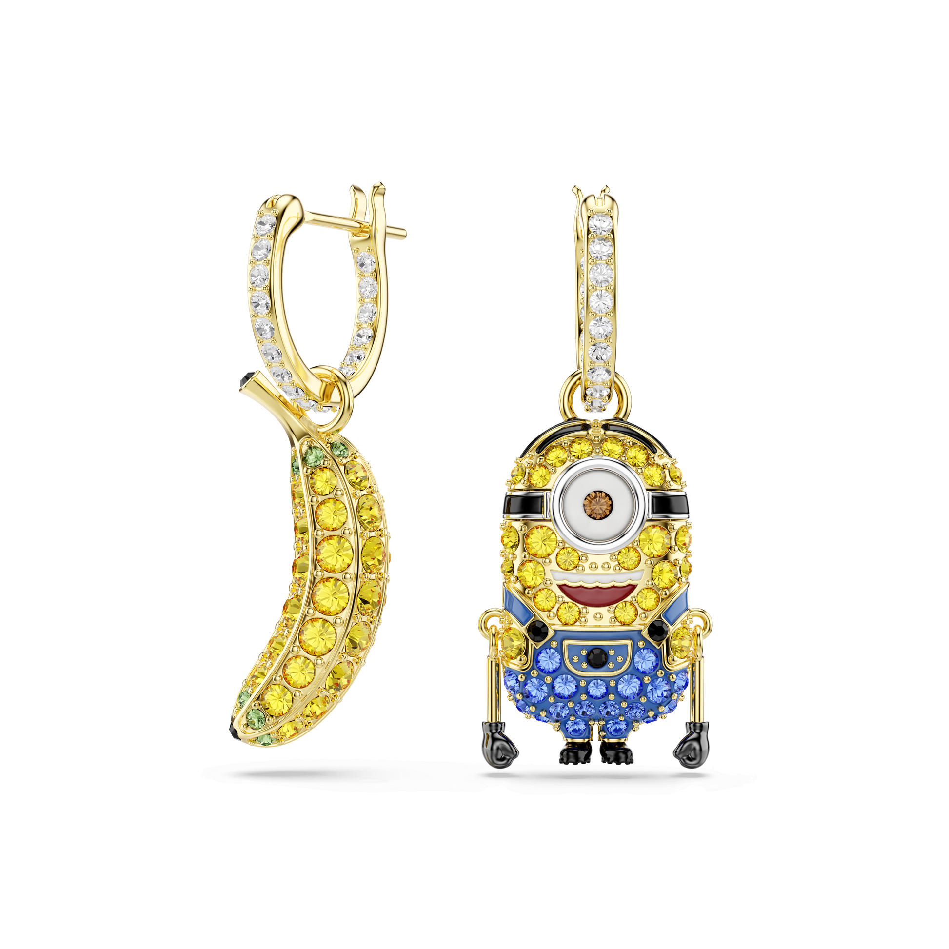 Minions Stuart and Banana drop earrings, Pavé, Mini, Multicolored, 18K gold finish