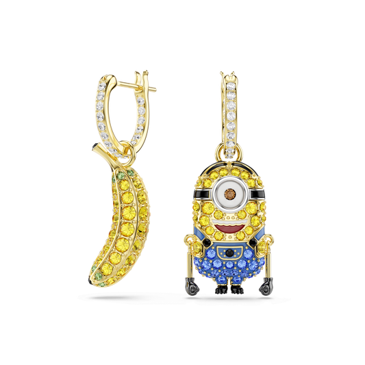 Minions Stuart and Banana drop earrings, Pavé, Mini, Multicolored, 18K gold finish
