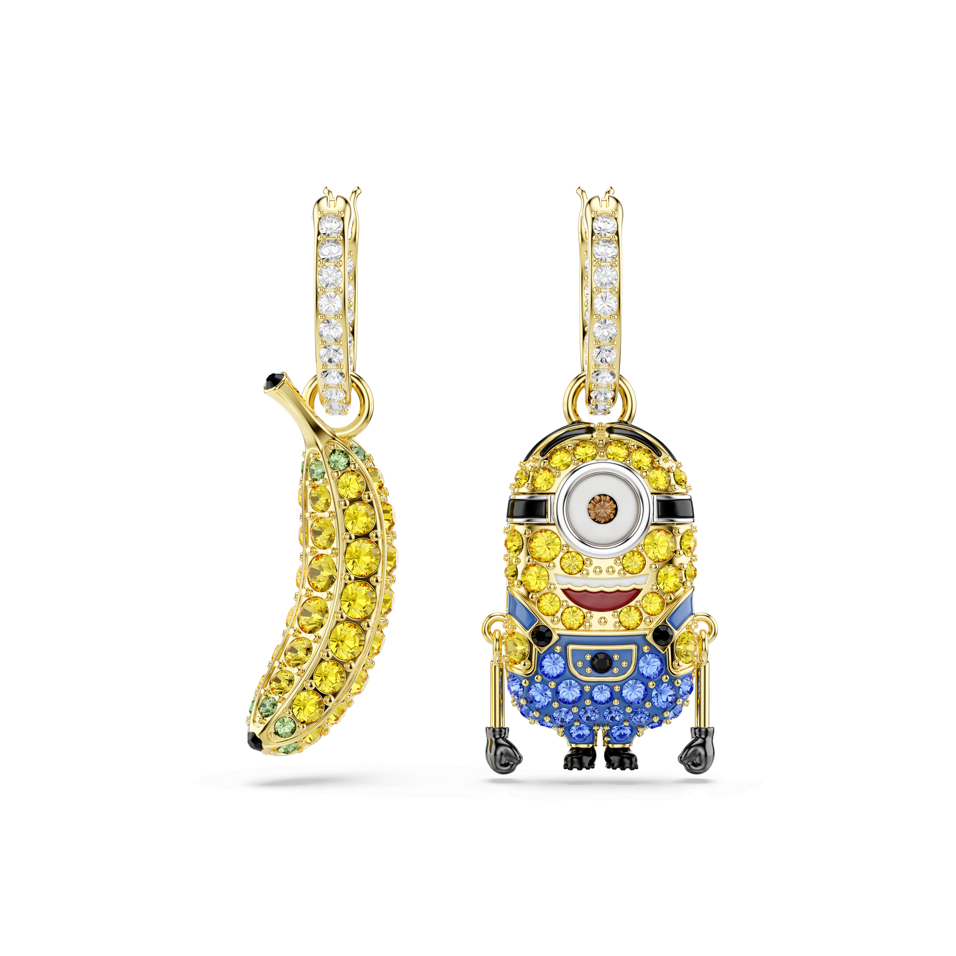 Minions Stuart and Banana drop earrings, Pavé, Mini, Multicolored, 18K gold finish