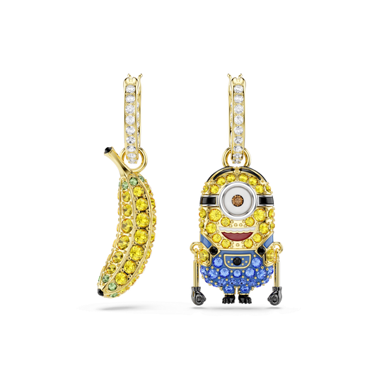 Minions Stuart and Banana drop earrings, Pavé, Mini, Multicolored, 18K gold finish
