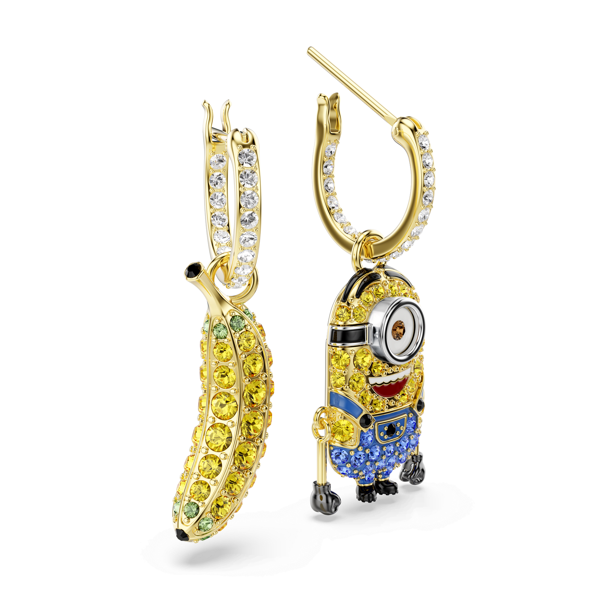 Minions Stuart and Banana drop earrings, Pavé, Mini, Multicolored, 18K gold finish