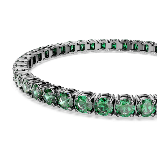 Matrix Tennis bracelet, Round cut, Green, Ruthenium plated