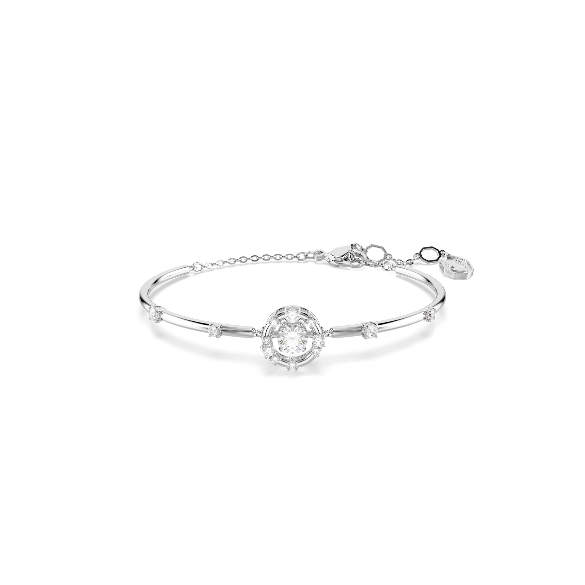 Constella bangle, Round cut, Dancing stone, White, Rhodium plated