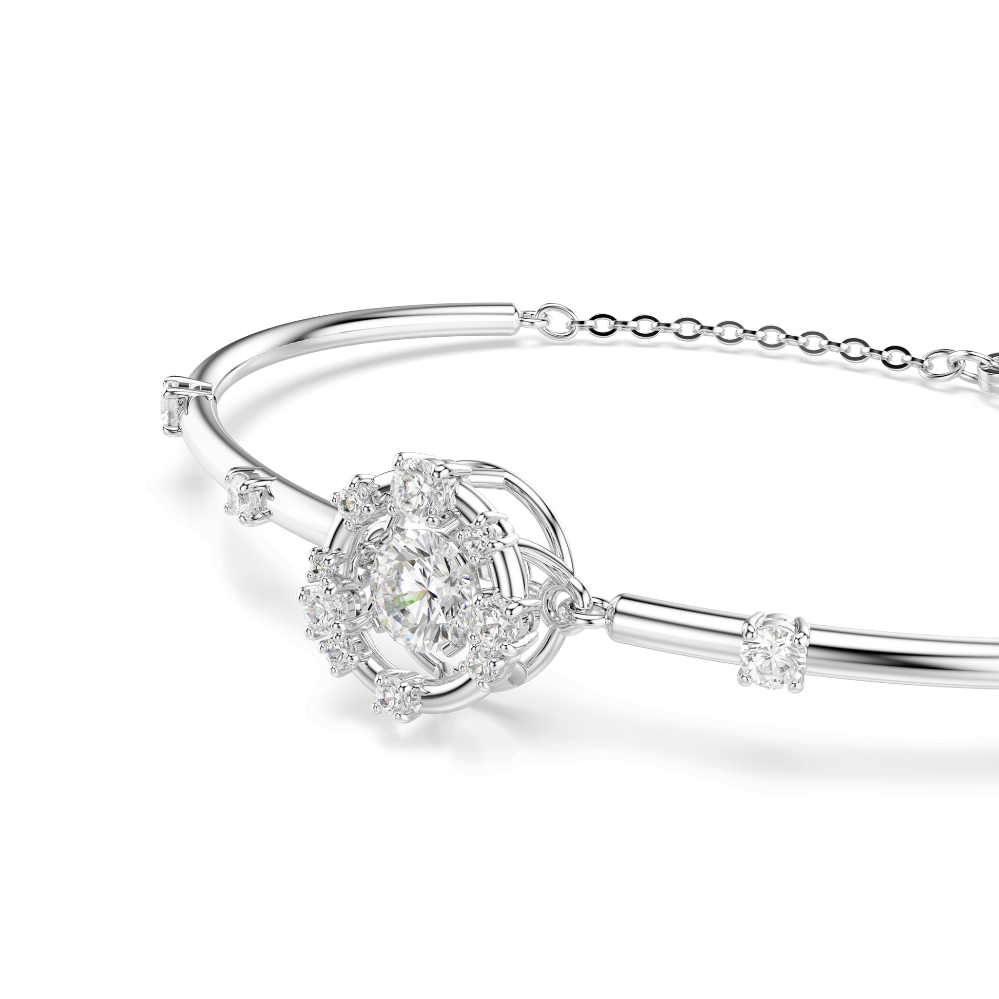 Constella bangle, Round cut, Dancing stone, White, Rhodium plated