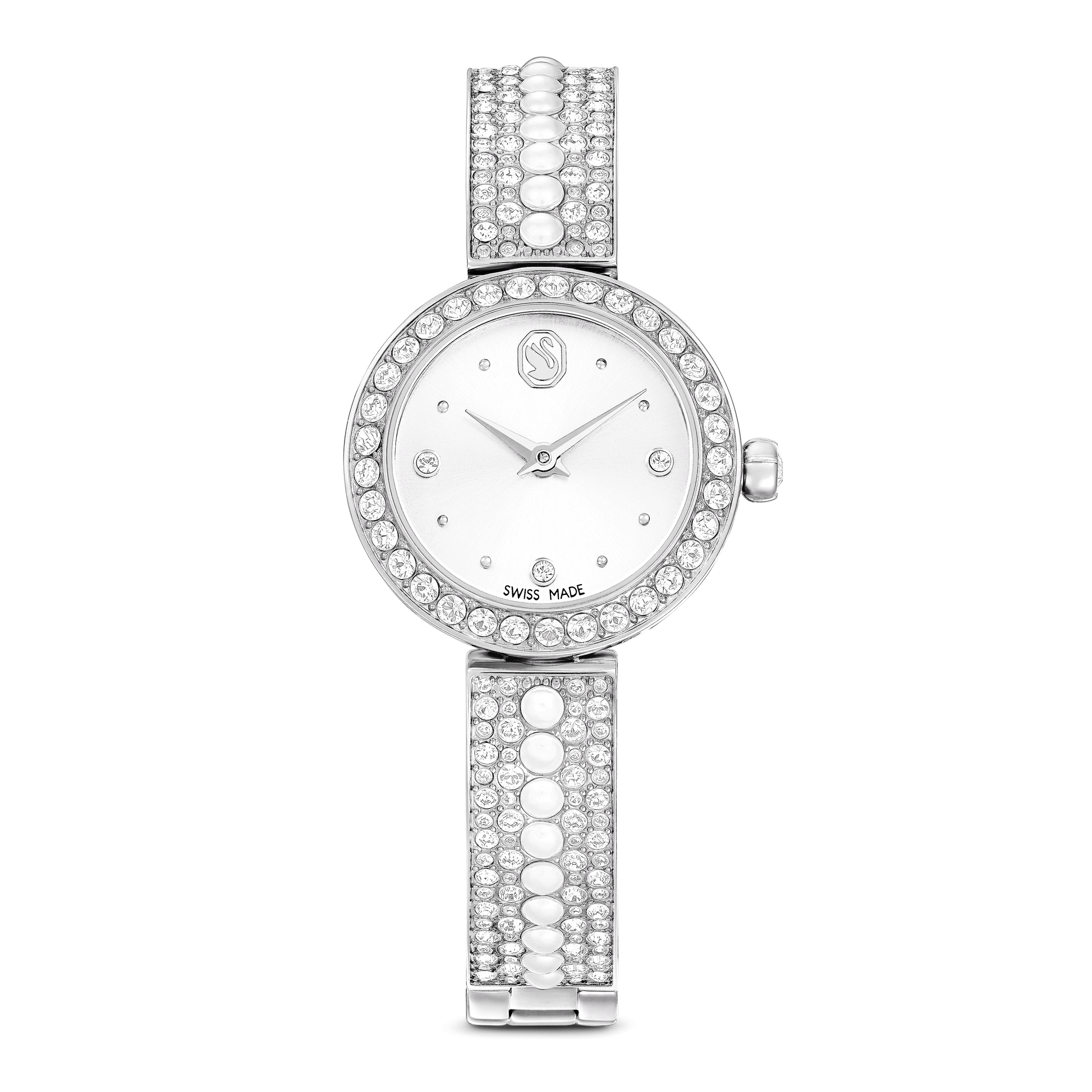 Matrix pearl bangle watch, Swiss Made, Crystal bracelet, White, Stainless steel