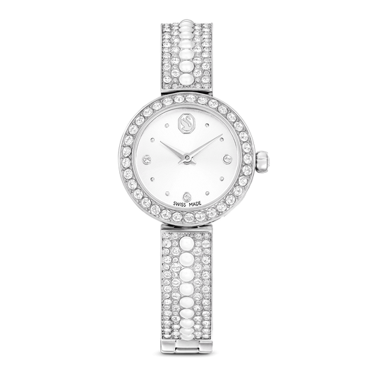 Matrix pearl bangle watch, Swiss Made, Crystal bracelet, White, Stainless steel