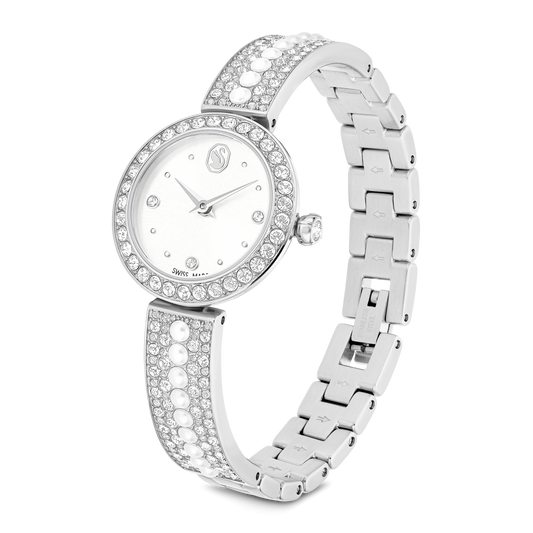 Matrix pearl bangle watch, Swiss Made, Crystal bracelet, White, Stainless steel