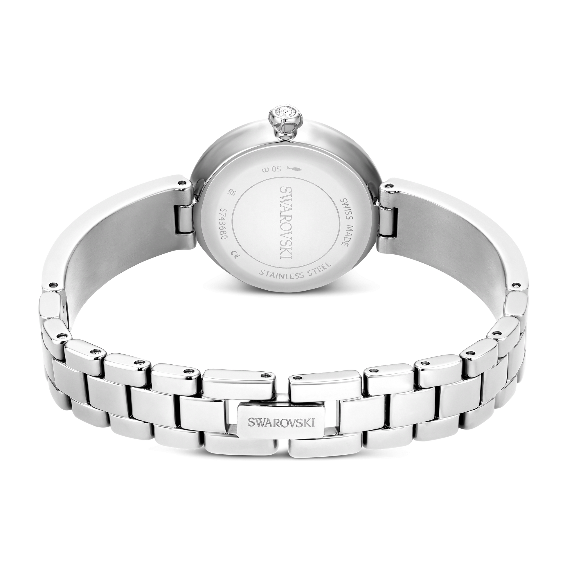 Matrix pearl bangle watch, Swiss Made, Crystal bracelet, White, Stainless steel